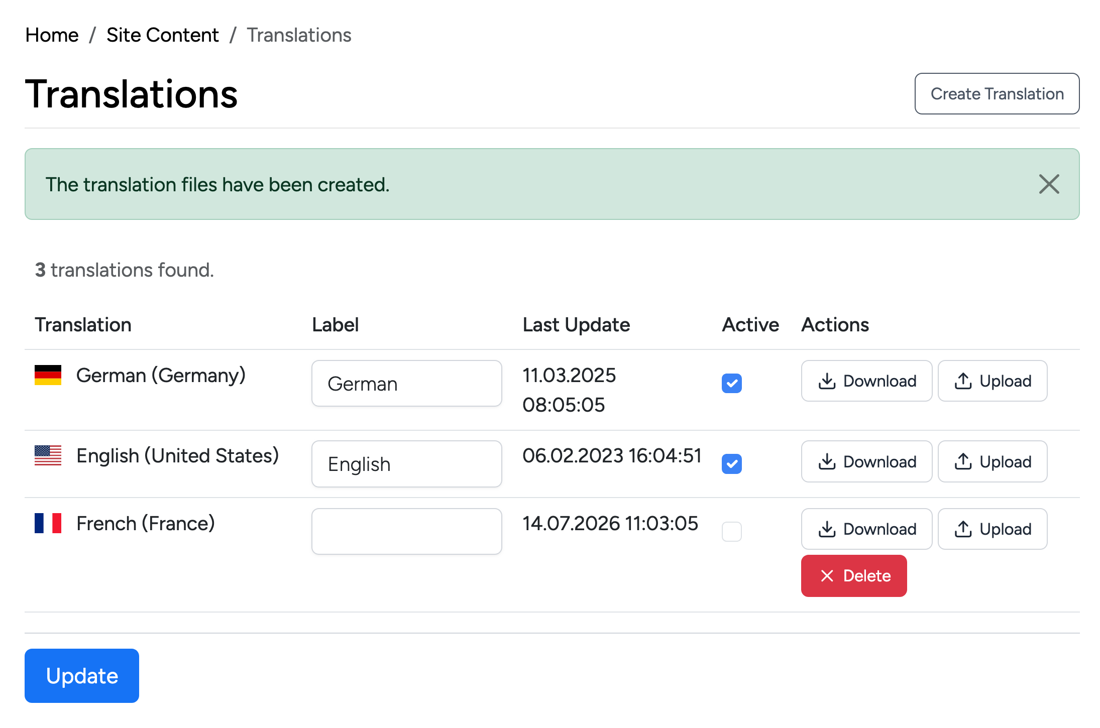 PHP Pro Bid admin — Translations list after creating French, showing the confirmation message and the new French row set to inactive with a Delete action