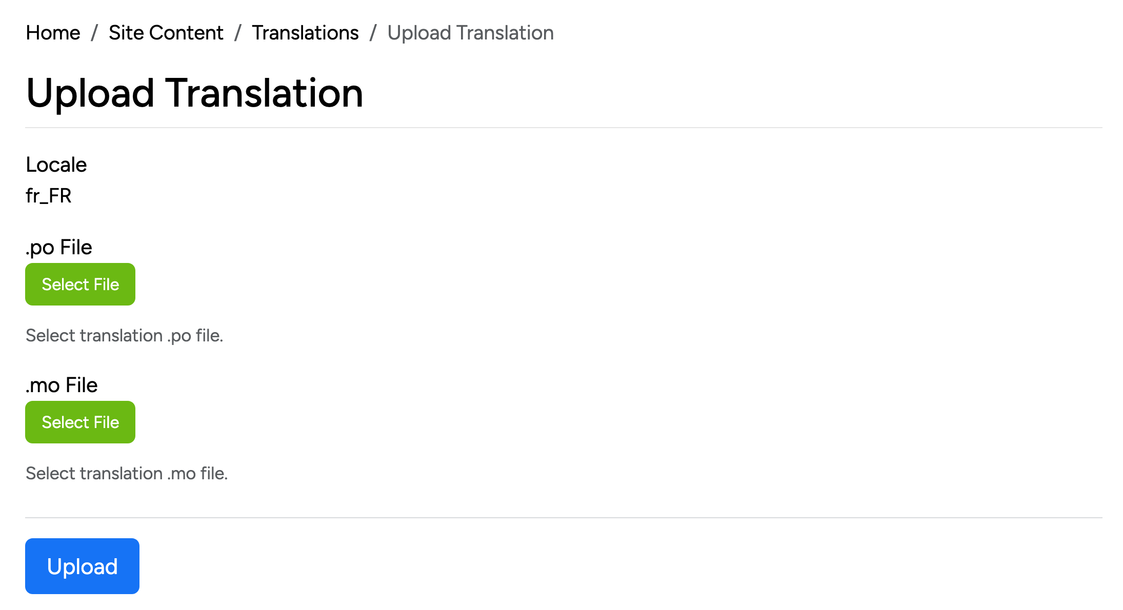 PHP Pro Bid admin — Upload Translation screen for locale fr_FR with .po File and .mo File selectors and an Upload button