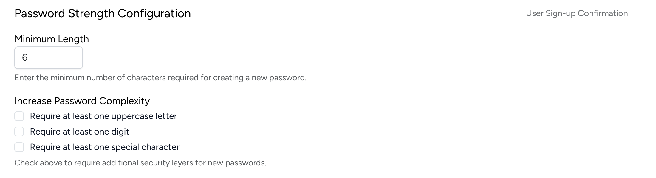PHP Pro Bid admin — Password Strength Configuration showing Minimum Length set to 6 and three complexity checkboxes for uppercase, digit, and special character