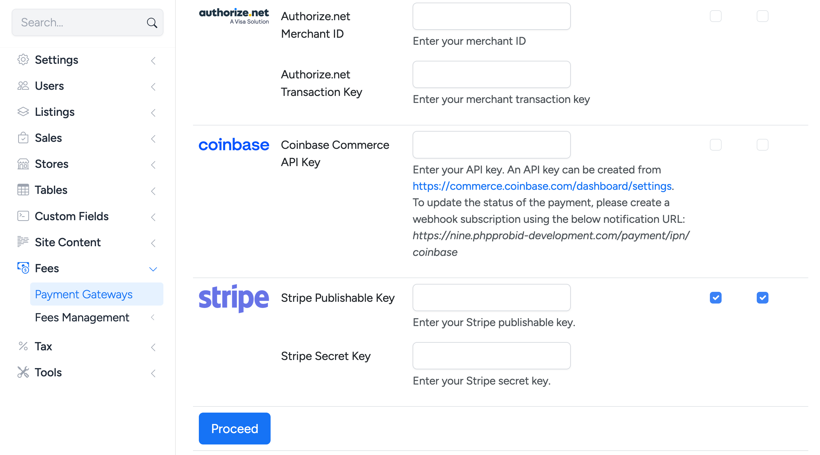 PHP Pro Bid admin — Payment Gateways page showing Authorize.net, Coinbase Commerce, and Stripe configuration fields with API keys and enable checkboxes