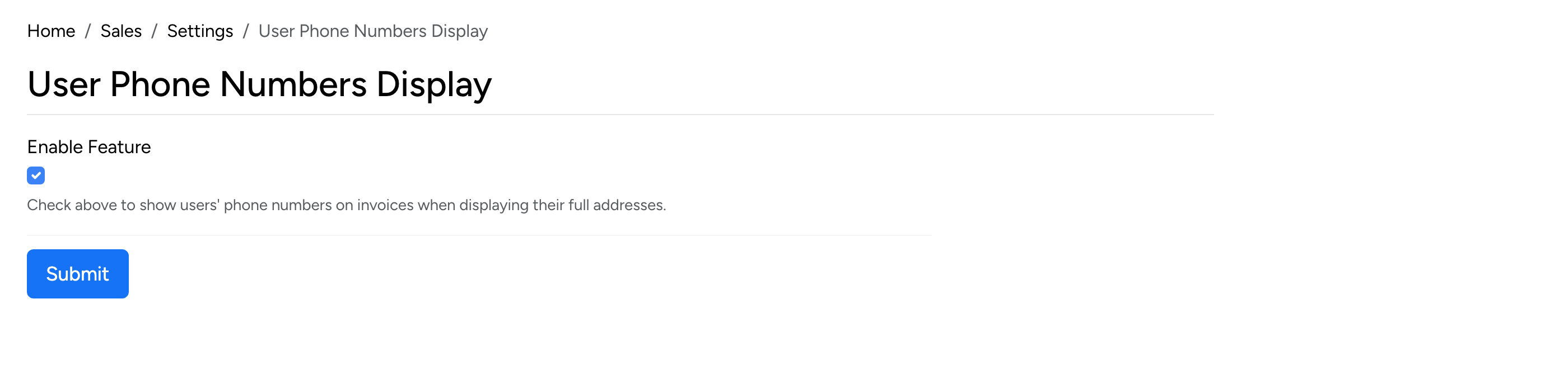 PHP Pro Bid admin — User Phone Numbers Display setting with Enable Feature checkbox