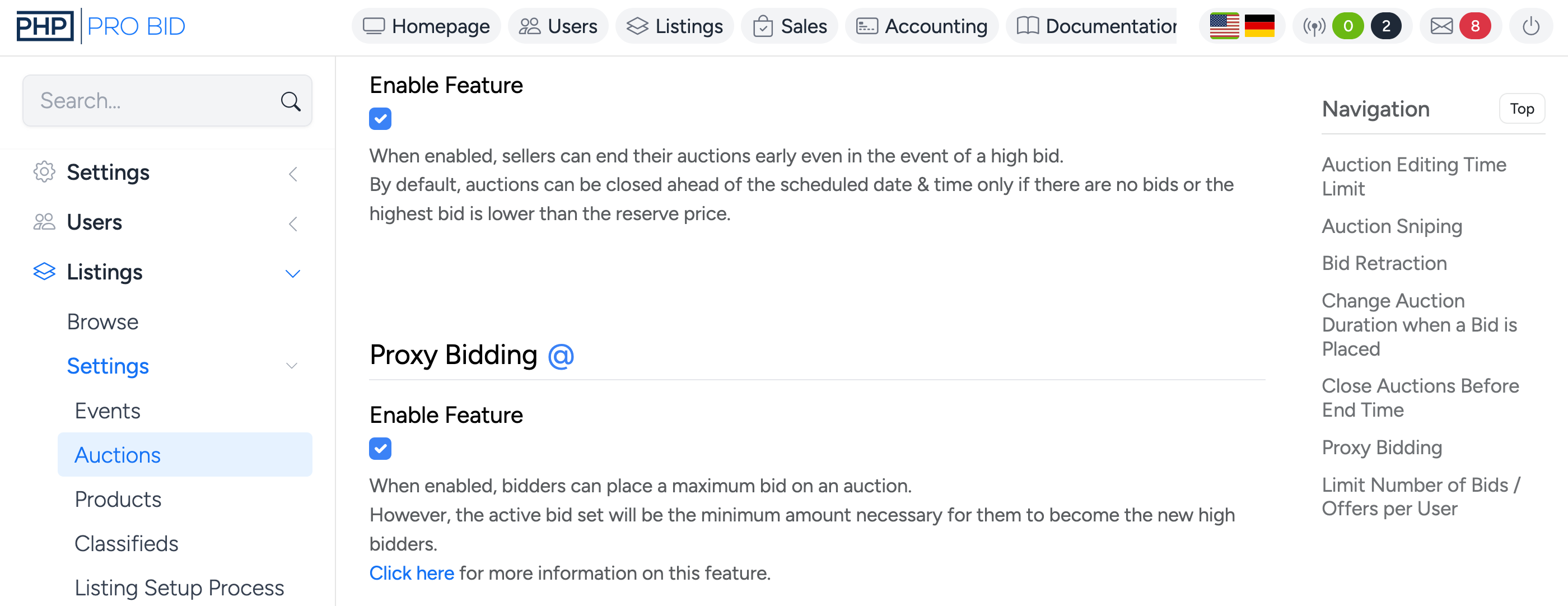 PHP Pro Bid — Admin auction settings showing Proxy Bidding toggle