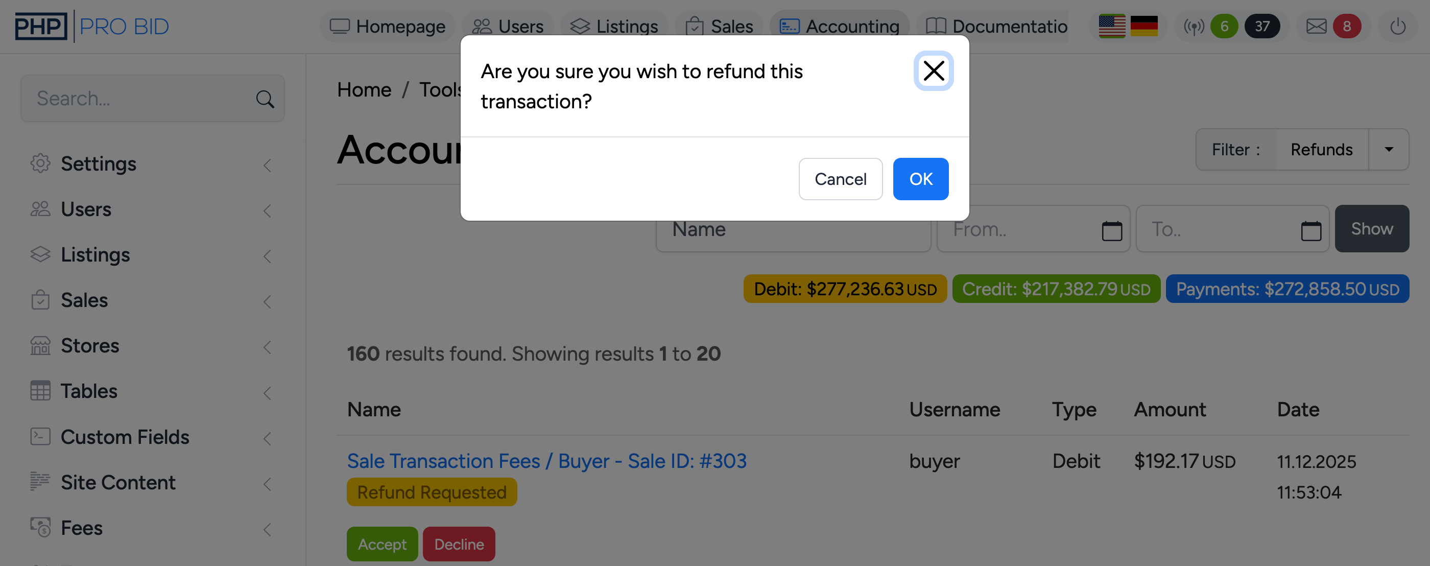 PHP Pro Bid admin — Refund request with Accept and Decline action buttons