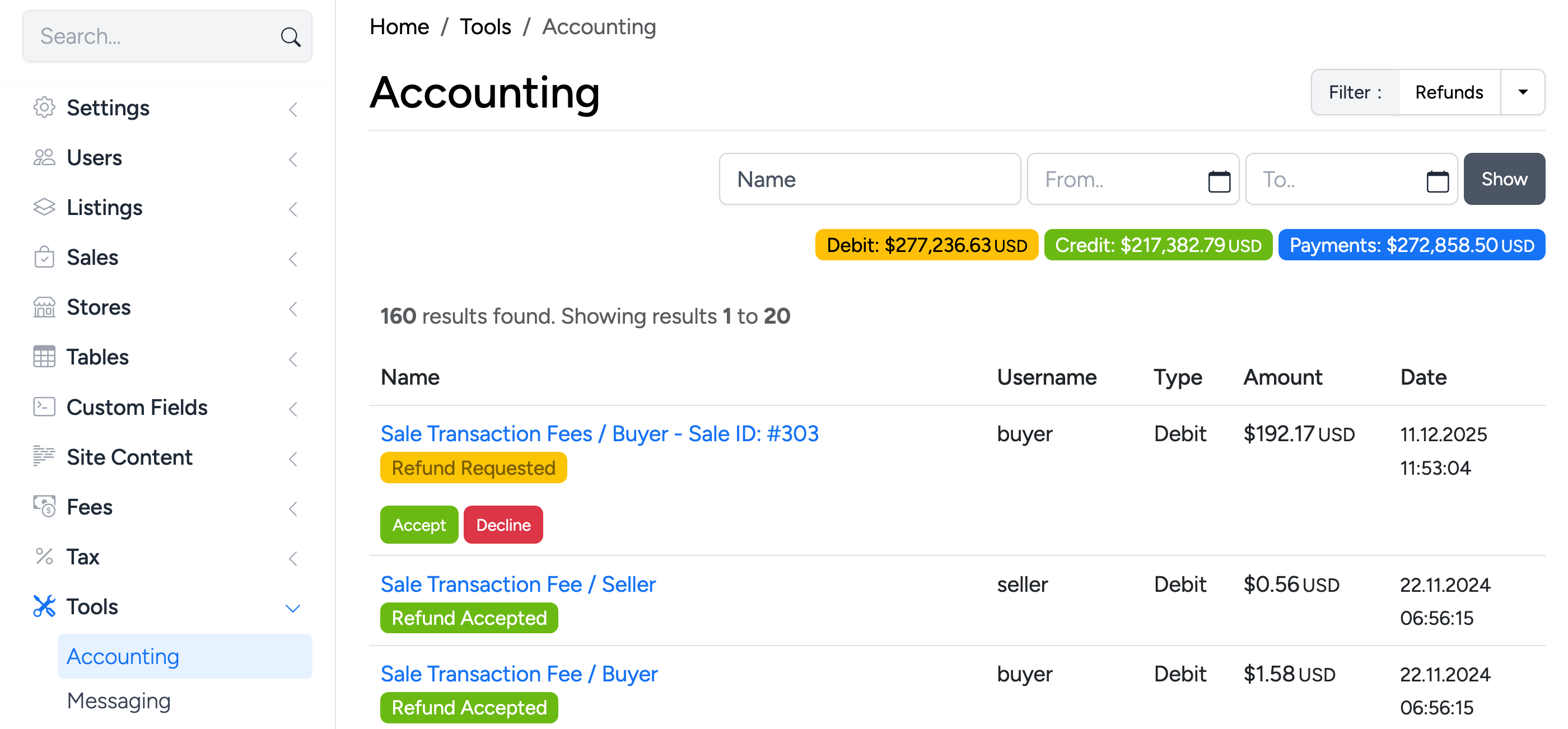 PHP Pro Bid admin — Accounting page showing a pending refund request in the transaction list