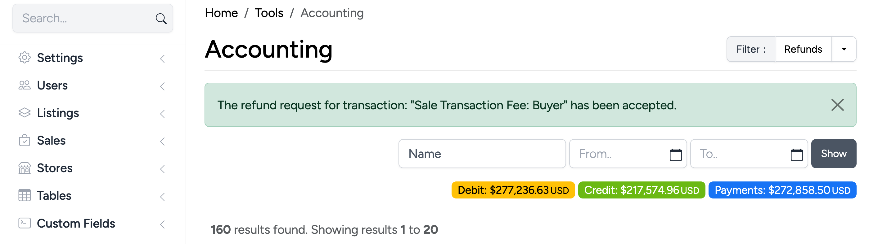 PHP Pro Bid admin — Accounting page showing a processed refund as a Credit transaction