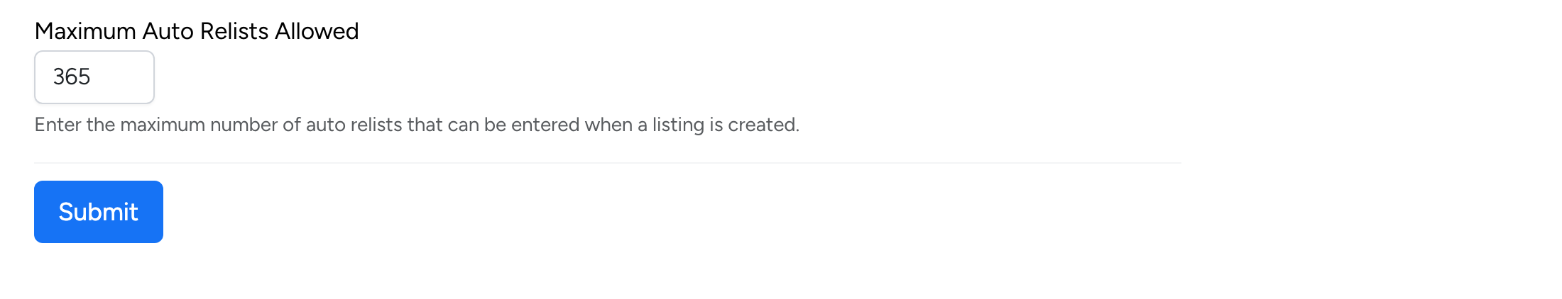 PHP Pro Bid — Maximum Auto Relists Allowed input field set to 365