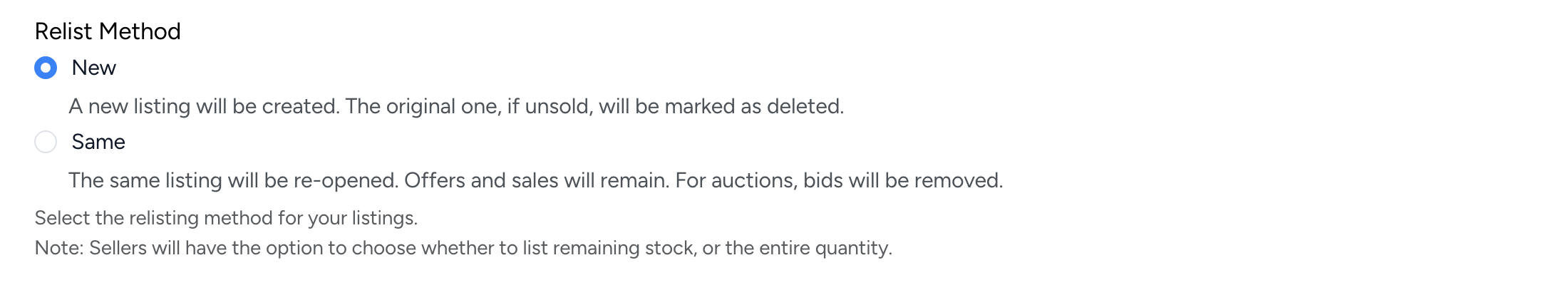 PHP Pro Bid — Relist Method setting with New and Same radio options