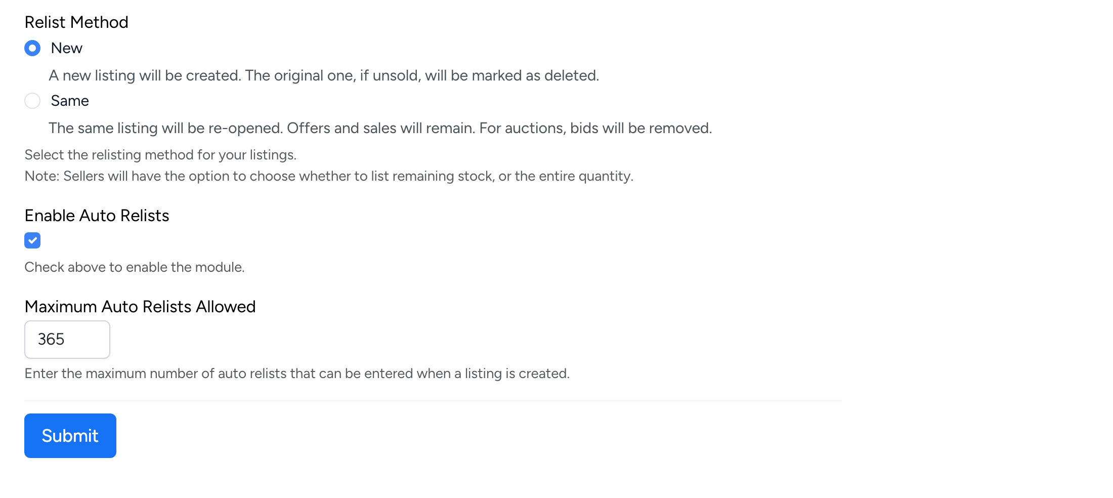 PHP Pro Bid — Admin relist settings showing relist method, enable auto relists, and maximum auto relists allowed