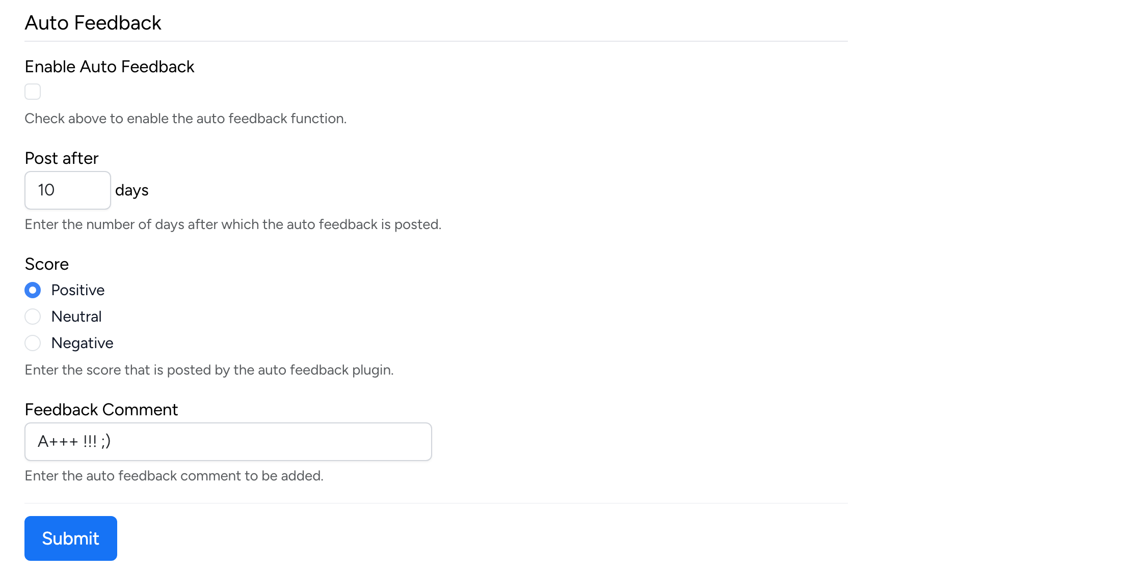 PHP Pro Bid admin — Auto Feedback settings showing Enable Auto Feedback, Post After days, Score type, and Feedback Comment fields