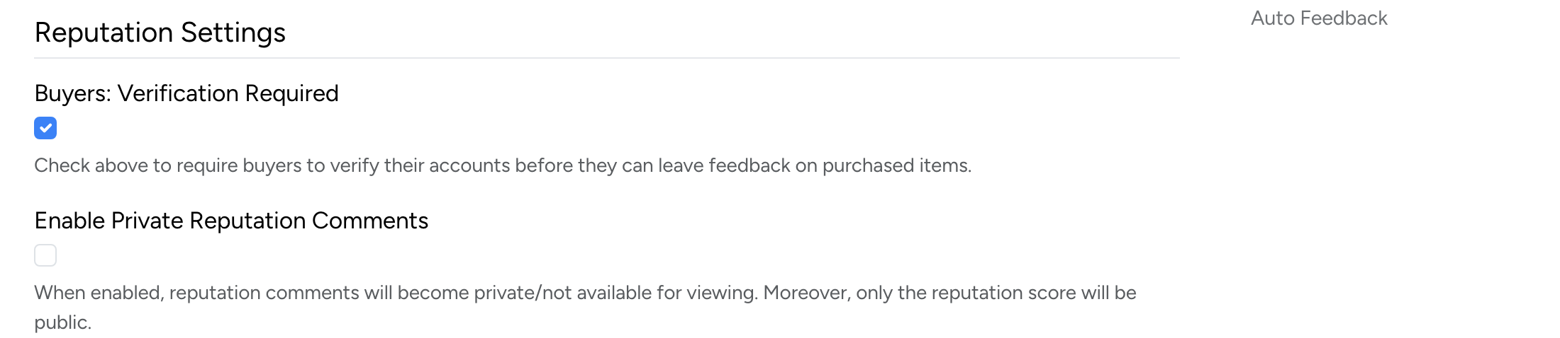 PHP Pro Bid admin — Reputation Settings showing Buyers Verification Required and Enable Private Reputation Comments options