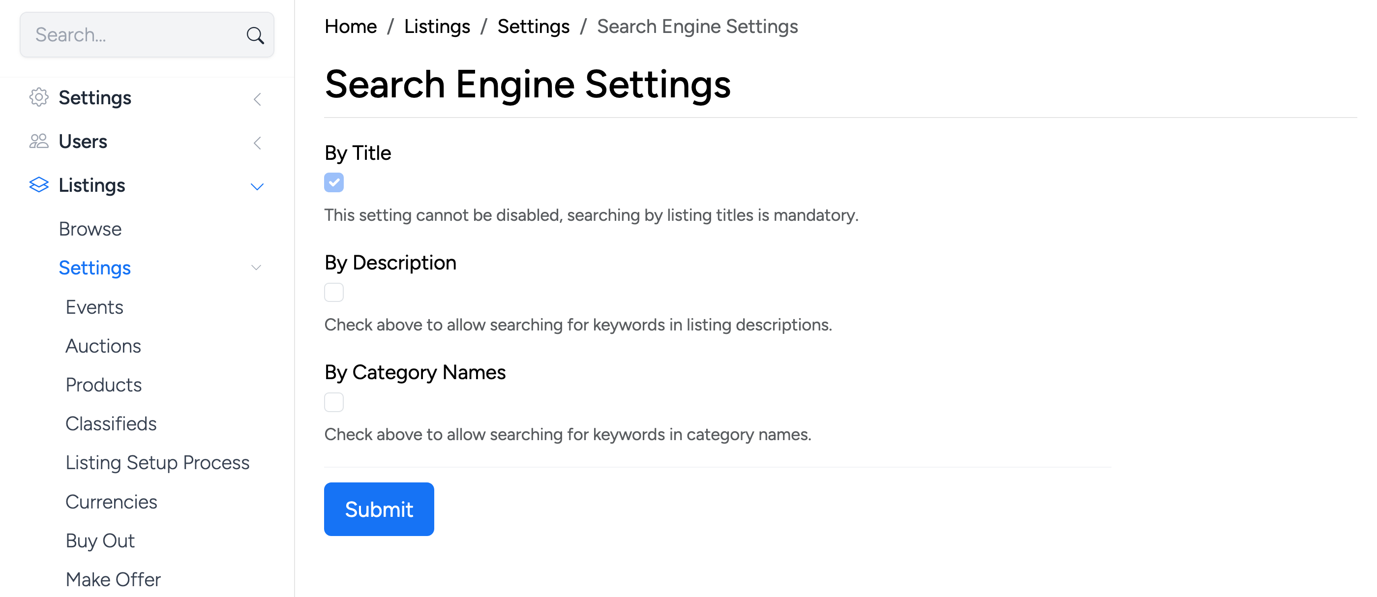 PHP Pro Bid admin — Search Engine Settings showing By Title (mandatory), By Description, and By Category Names checkboxes