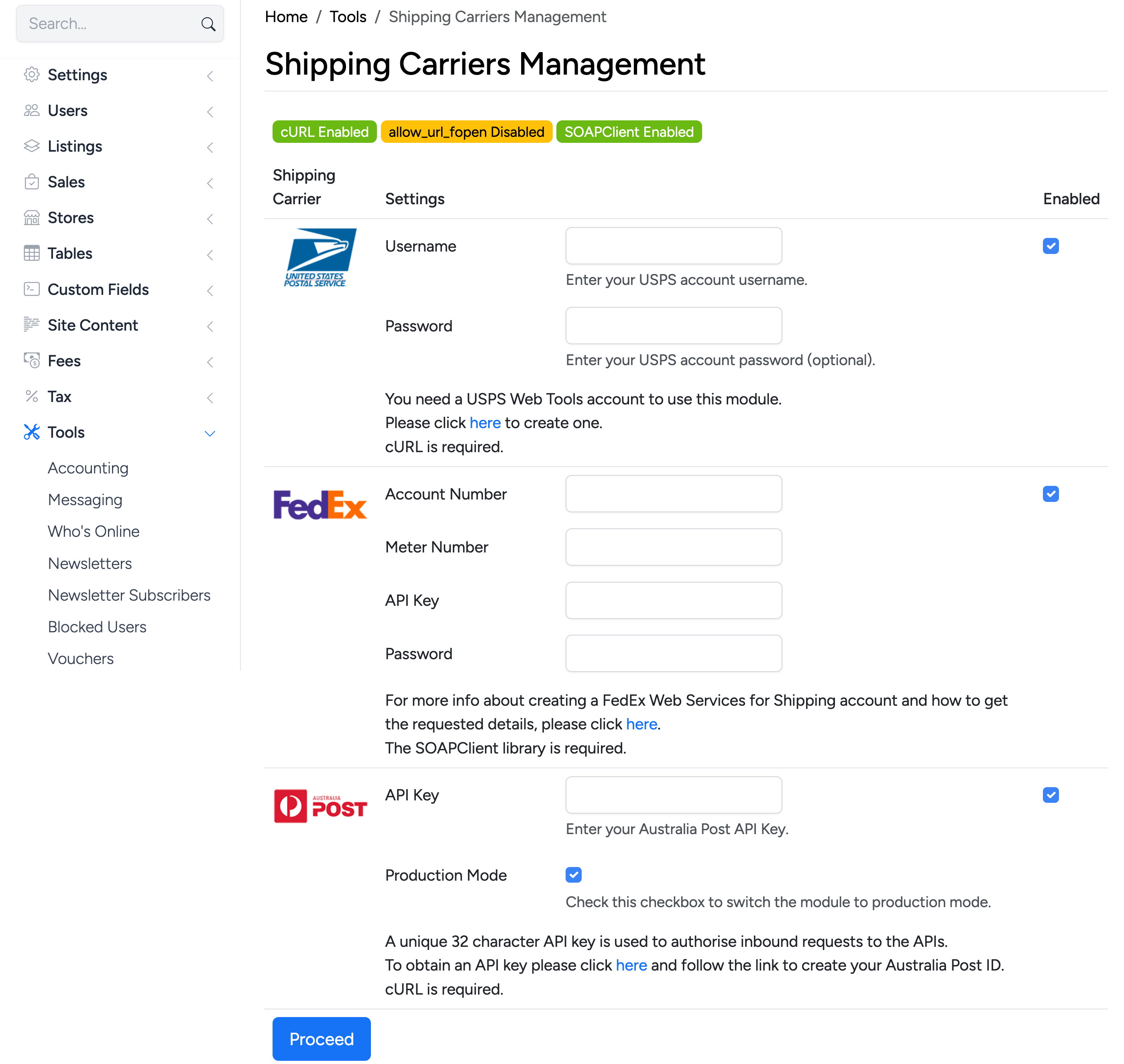 PHP Pro Bid admin — Shipping Carriers Management page showing USPS, FedEx, and Australia Post configuration with server requirement badges