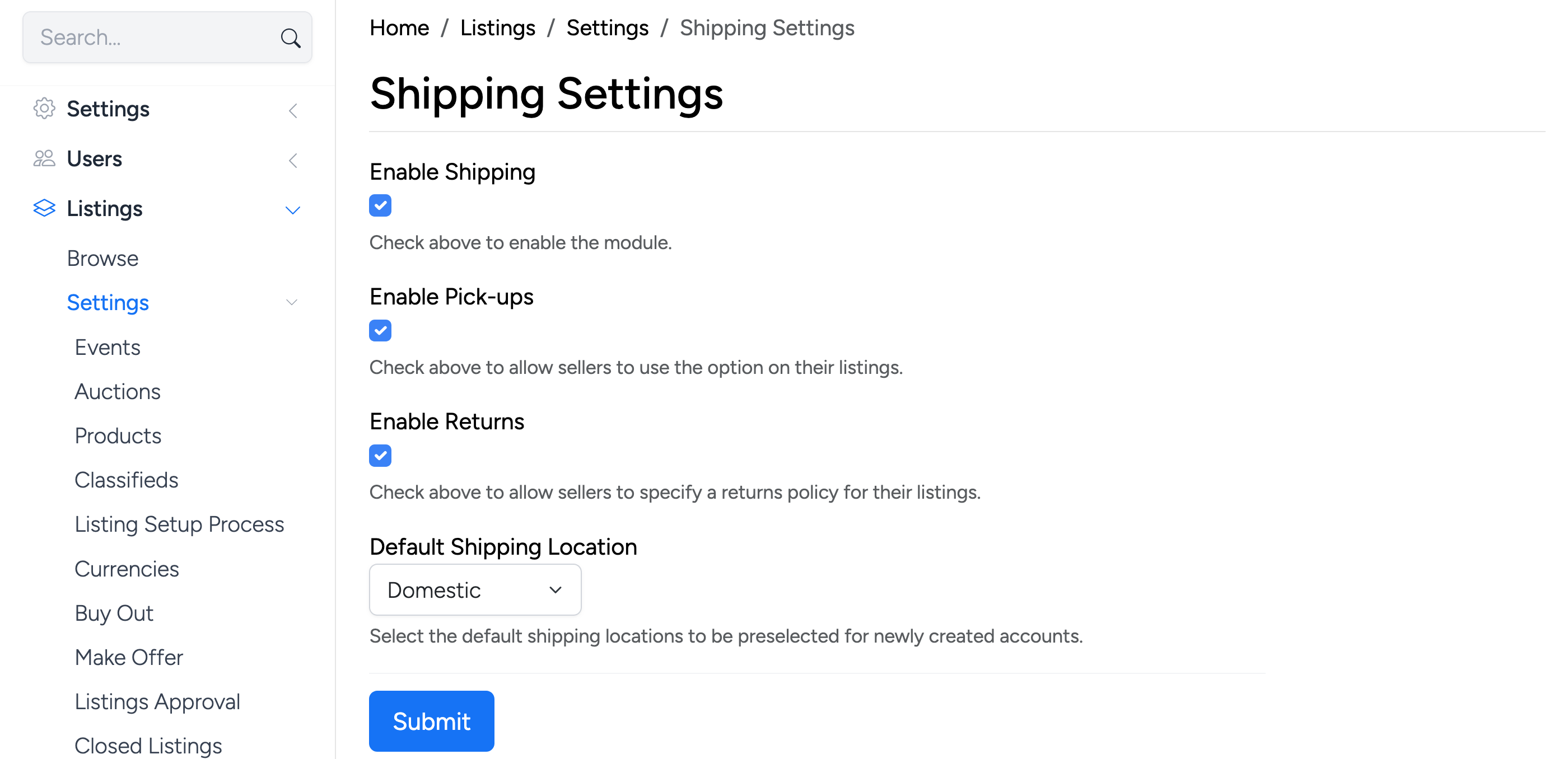 PHP Pro Bid admin — Shipping Settings showing Enable Shipping, Enable Pick-ups, Enable Returns, and Default Shipping Location options
