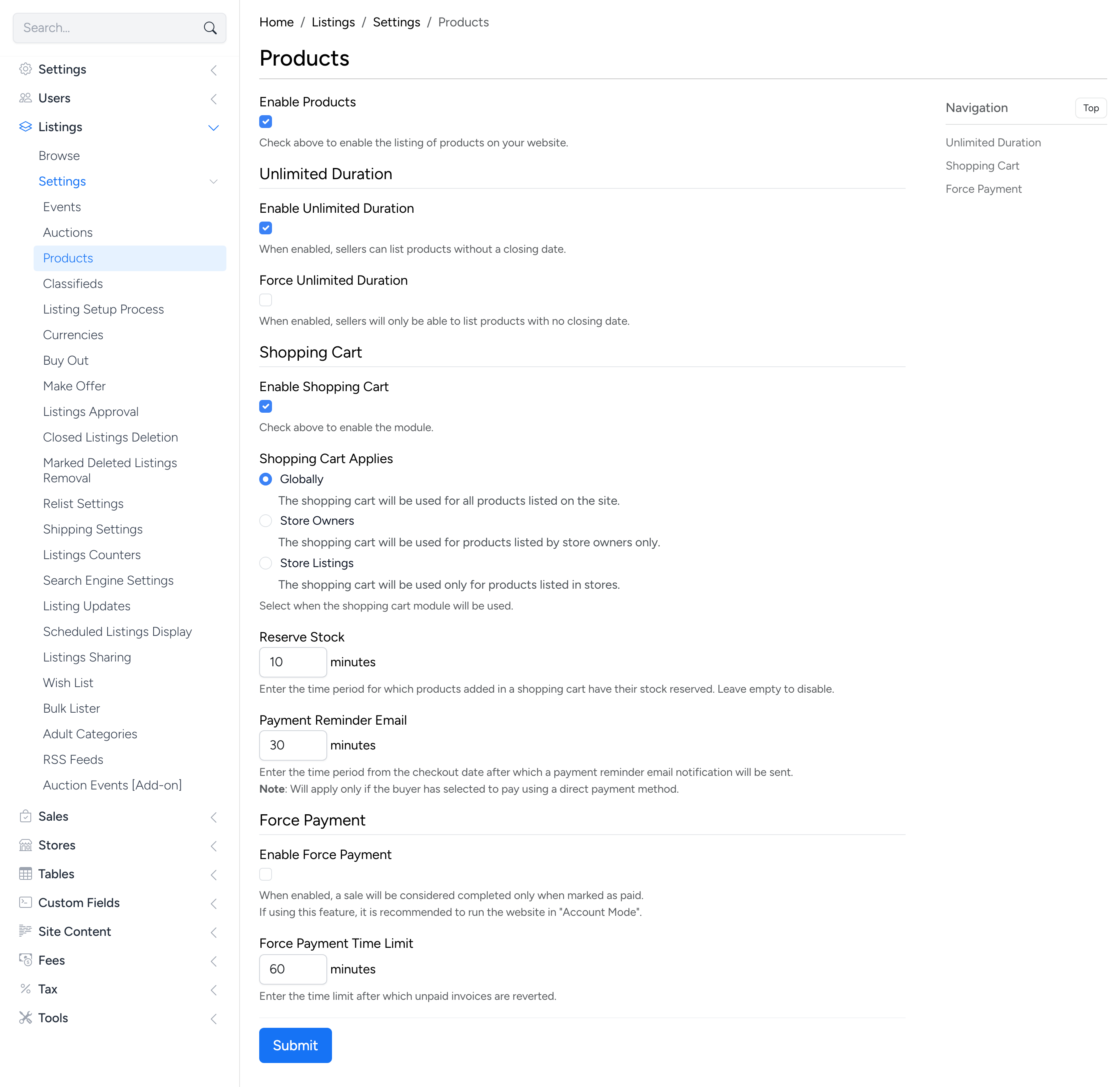 PHP Pro Bid — Full Products settings page in admin showing shopping cart configuration with sidebar navigation