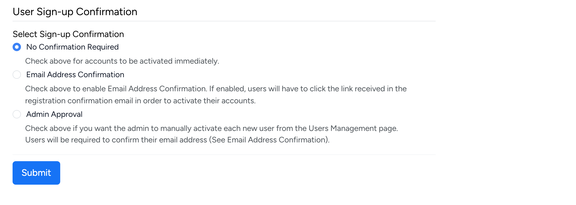 PHP Pro Bid admin — User Sign-up Confirmation settings showing the three confirmation modes