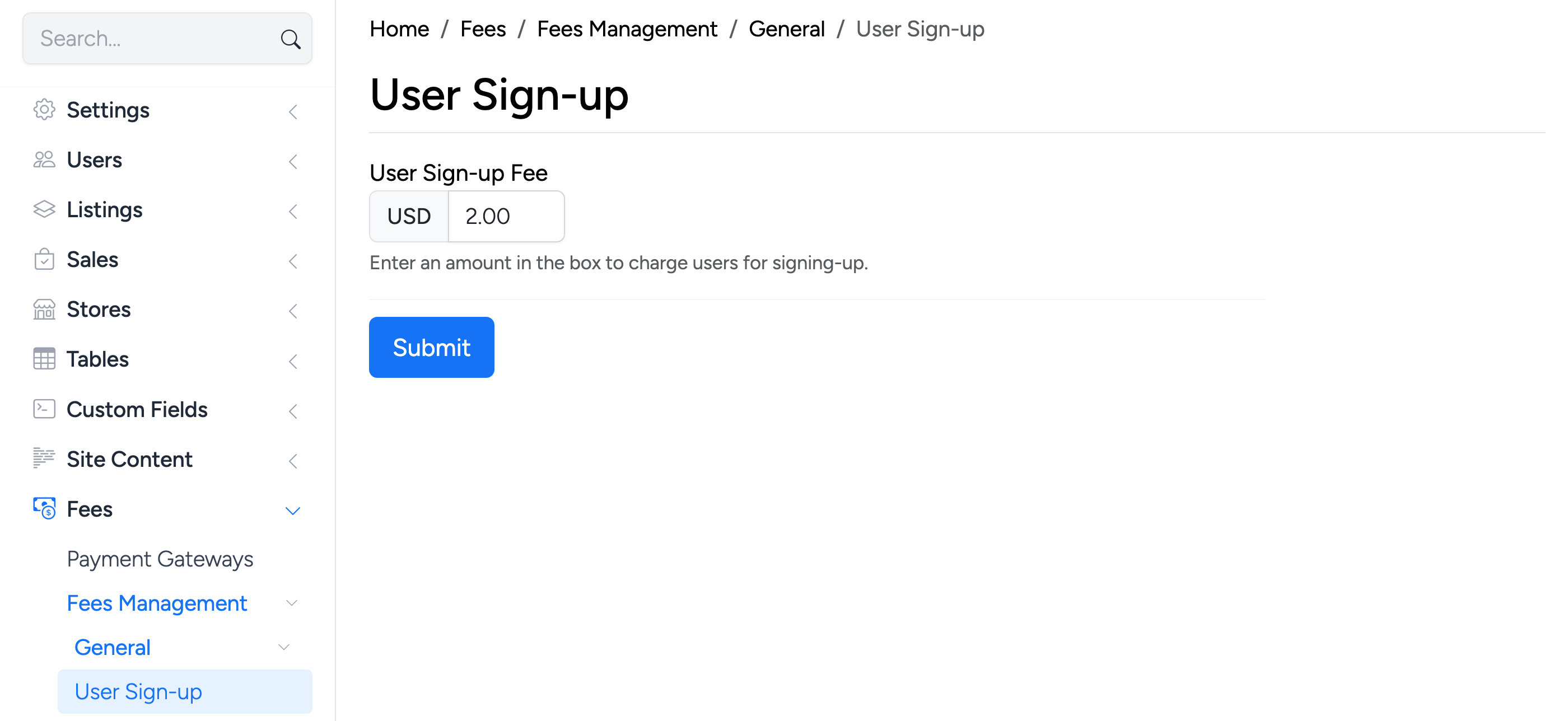 PHP Pro Bid admin — User Sign-up fee configuration showing fee amount field and settings