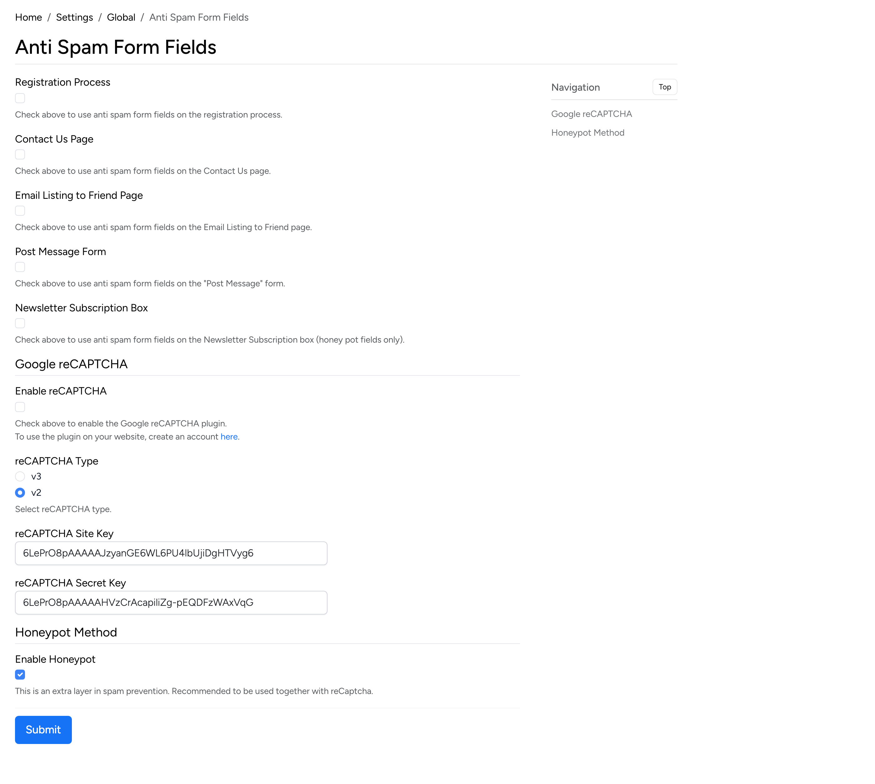 PHP Pro Bid admin — Anti-Spam settings showing form selection, reCAPTCHA configuration, and Honeypot option