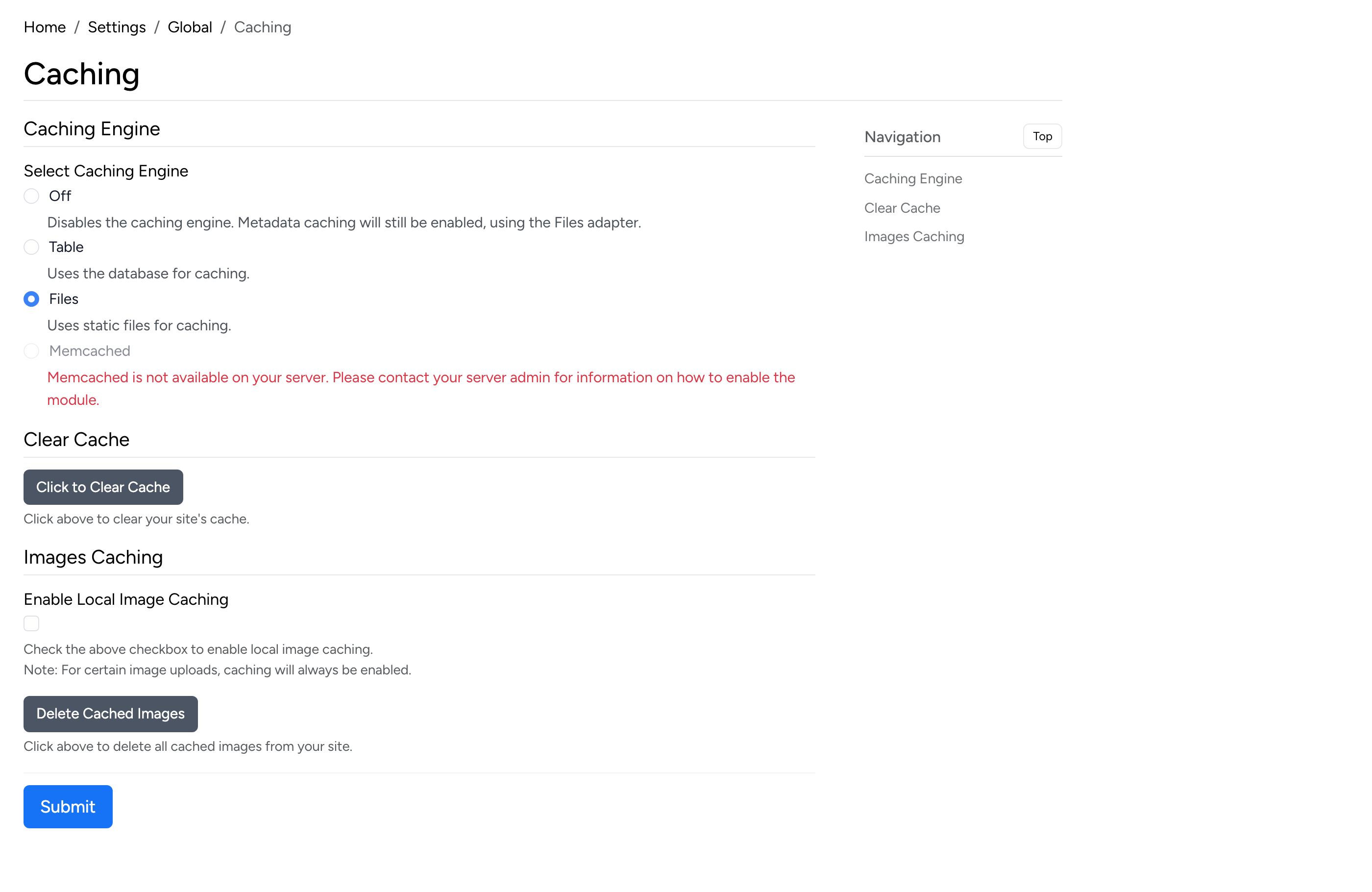 PHP Pro Bid admin — Caching settings with engine selection (Off, Table, Files, Memcached) and local image caching
