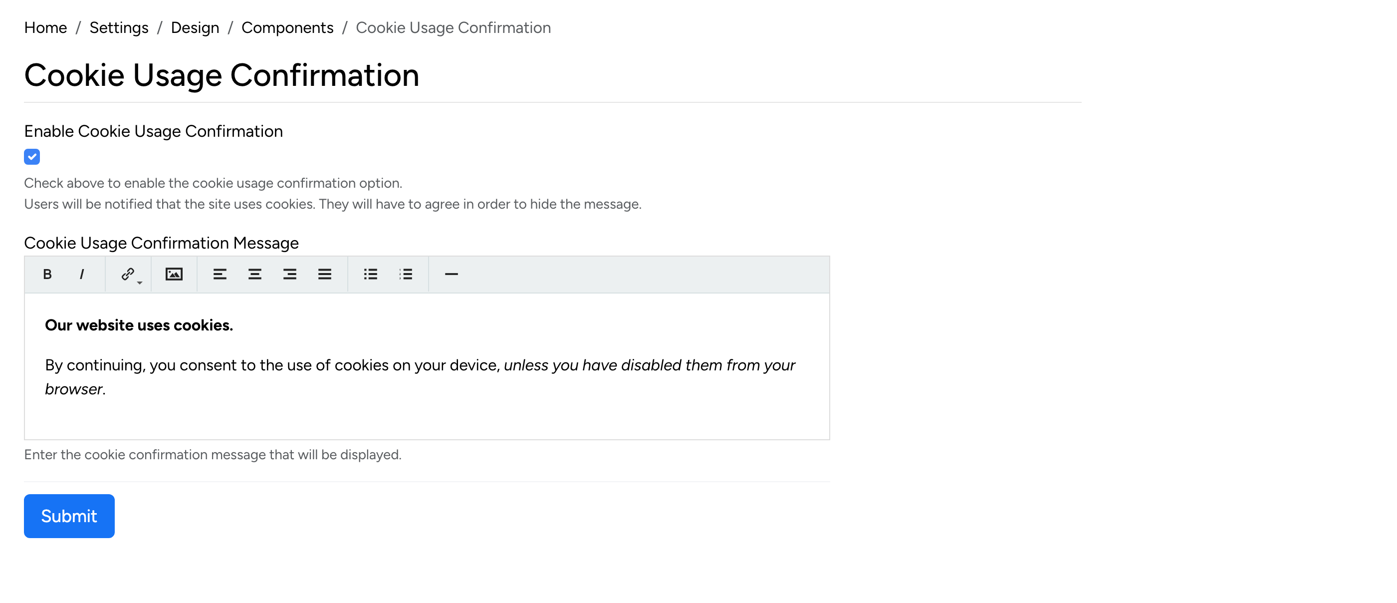PHP Pro Bid admin — Cookie Usage Confirmation with enable toggle and custom message field