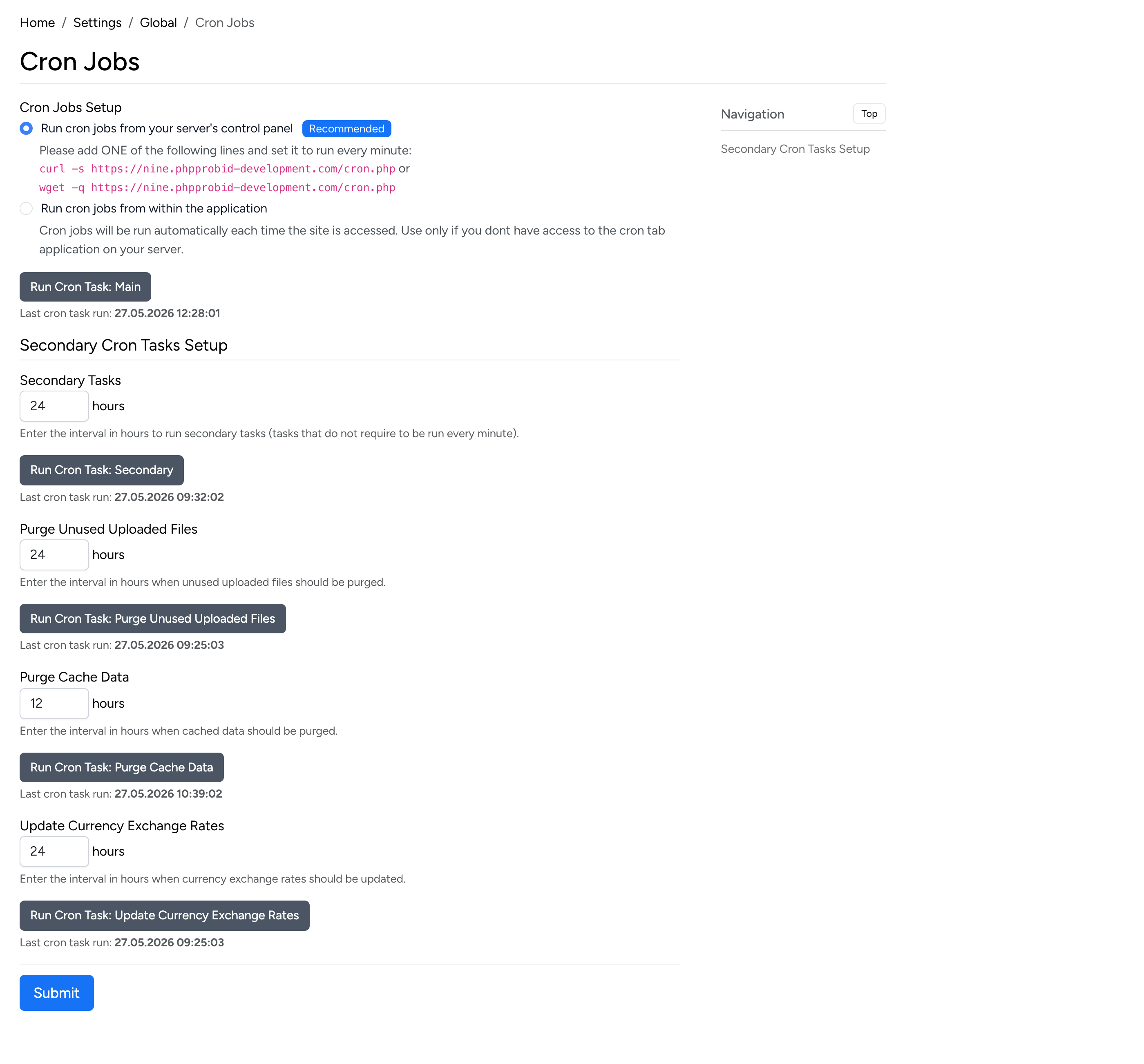 PHP Pro Bid admin — Cron Jobs setup showing server cron and in-app cron options, with last run timestamps for each task