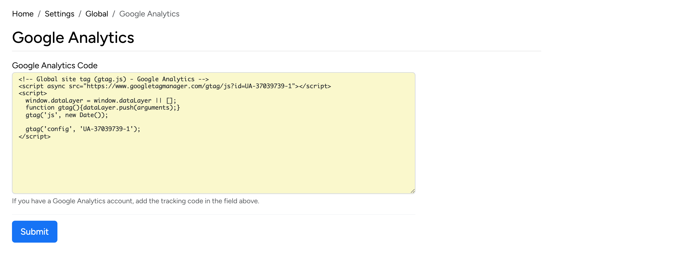 PHP Pro Bid admin — Google Analytics Code text field