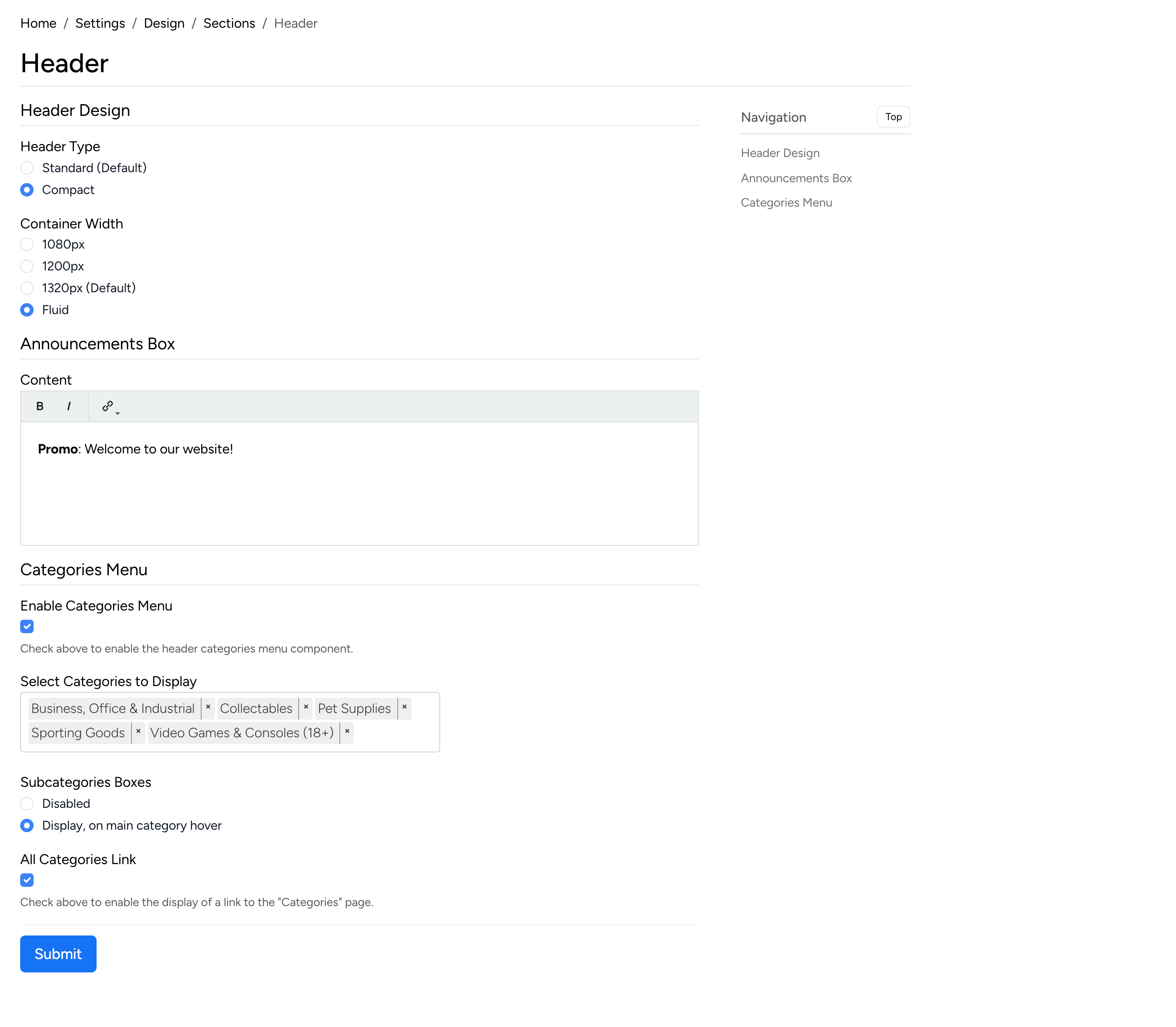 PHP Pro Bid admin — Header design settings with header type, container width, announcements box, and categories menu options