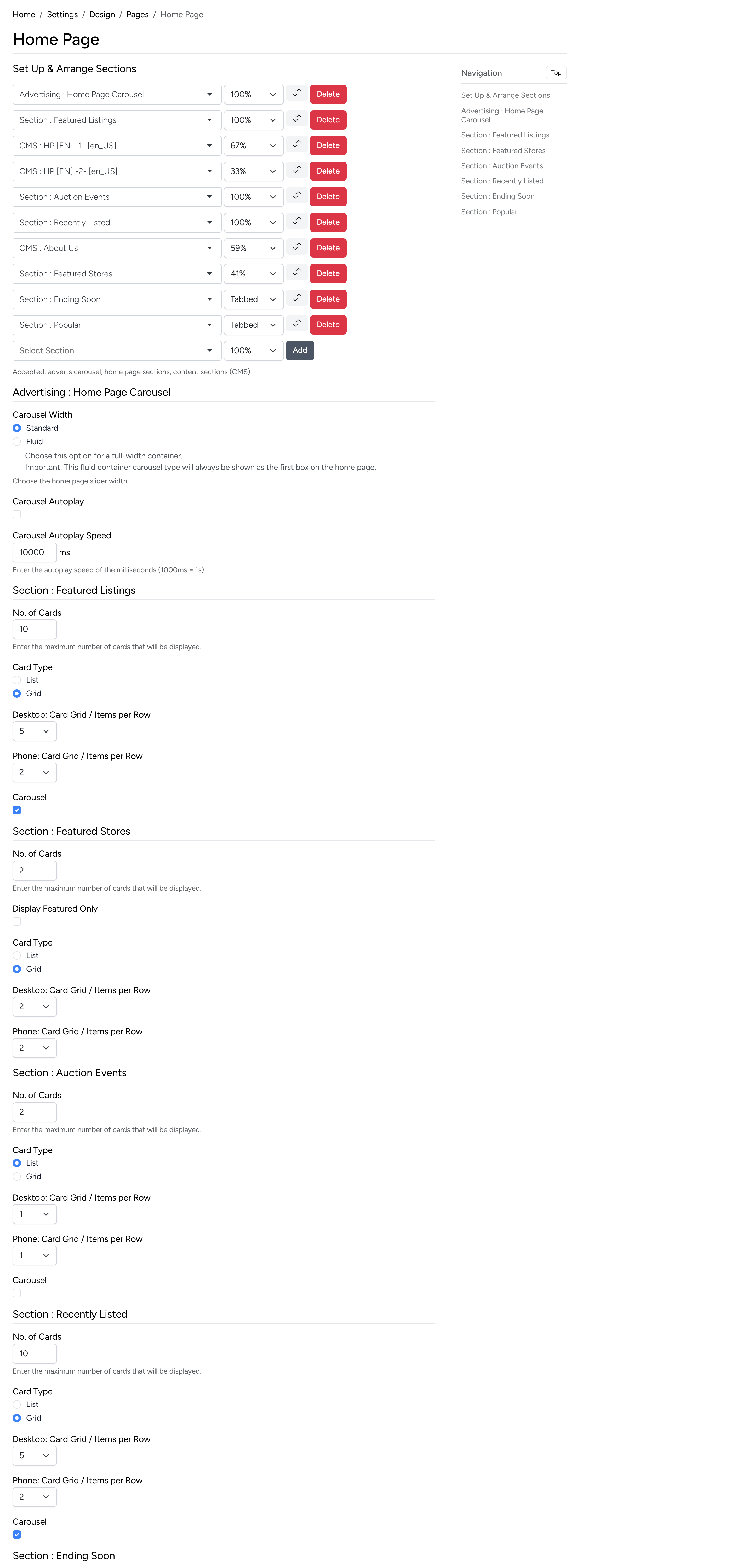 PHP Pro Bid admin — Home Page design settings showing carousel options and multiple listing sections with card type, items per row, and carousel toggles