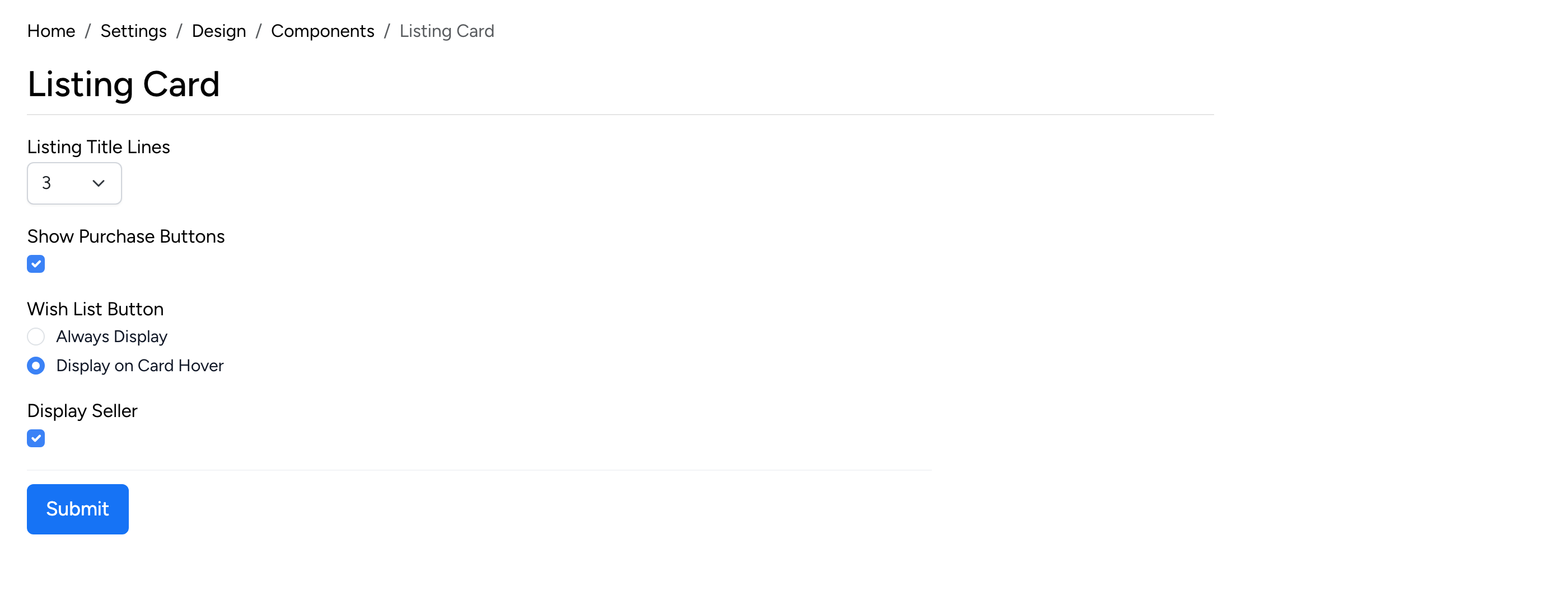 PHP Pro Bid admin — Listing Card settings with title lines, purchase buttons, wish list button display, and display seller toggle
