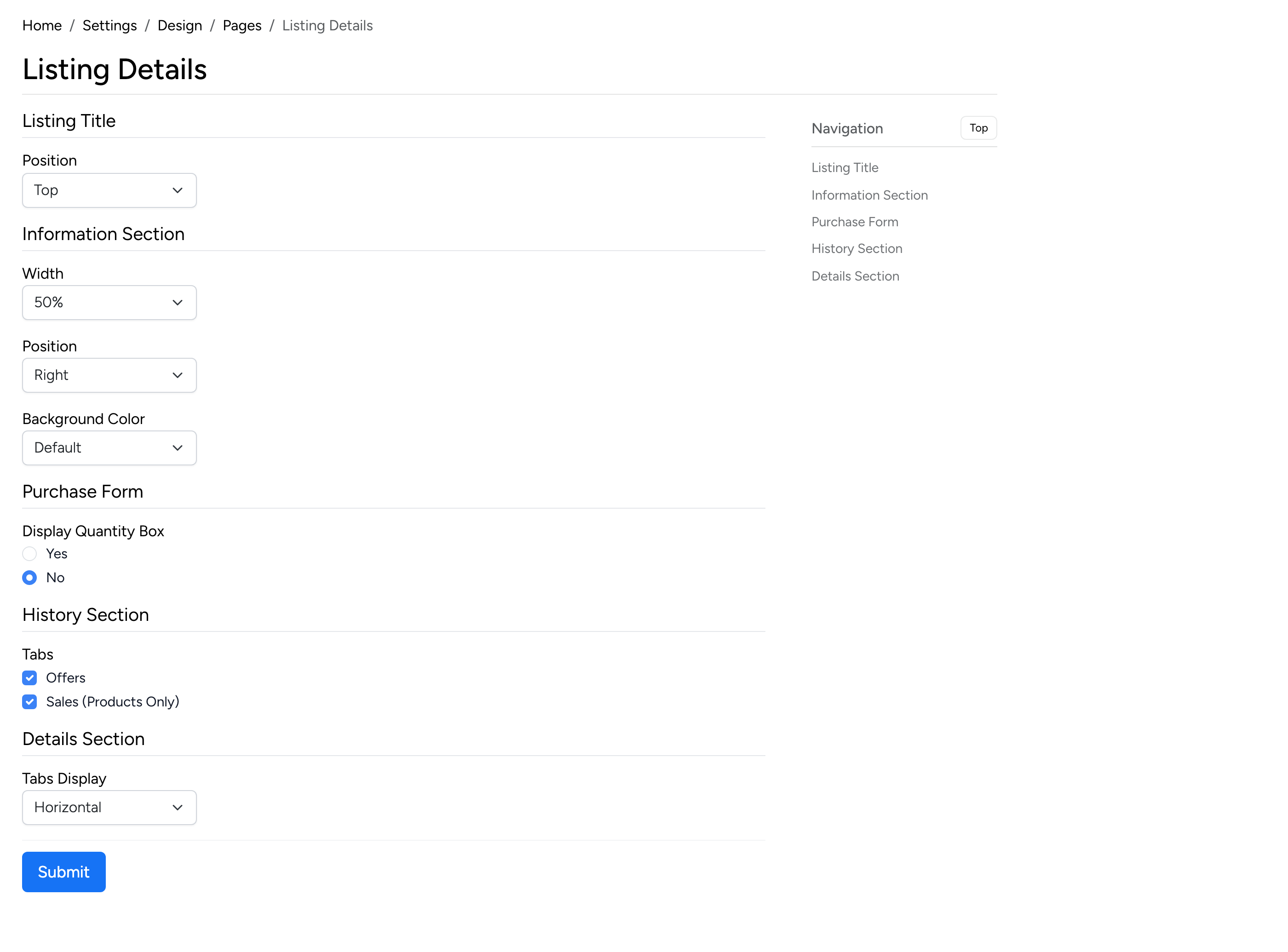 PHP Pro Bid admin — Listing Details page design with title position, information section width/position/color, purchase form, history tabs, and details section tabs display