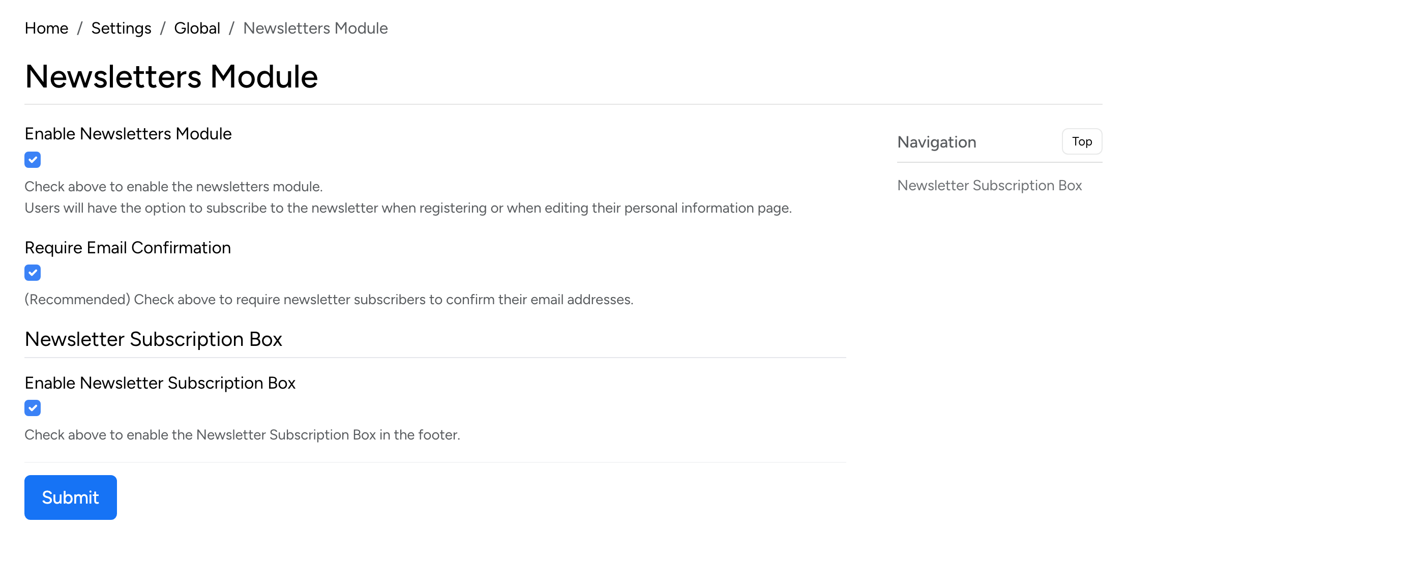 PHP Pro Bid admin — Newsletters Module with Enable, Require Email Confirmation, and Subscription Box options