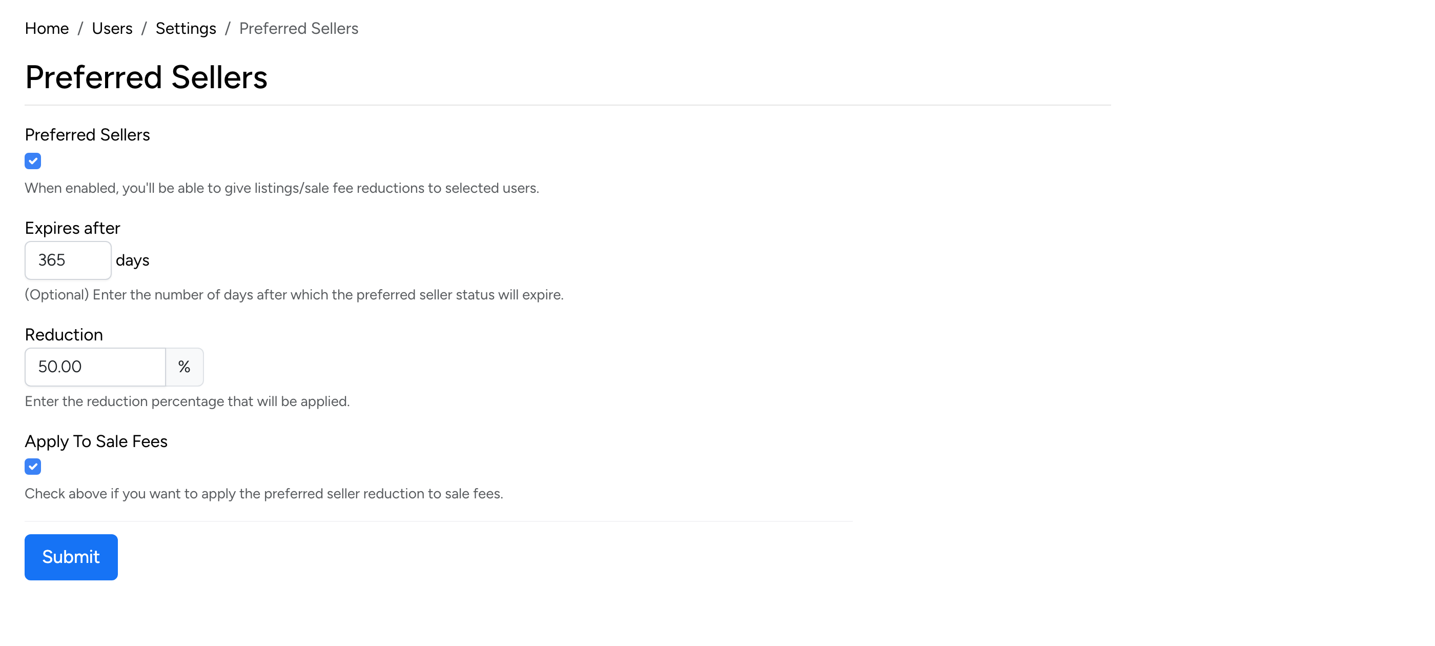 PHP Pro Bid admin — Preferred Sellers settings with enable toggle, expiry, reduction percentage, and apply to sale fees