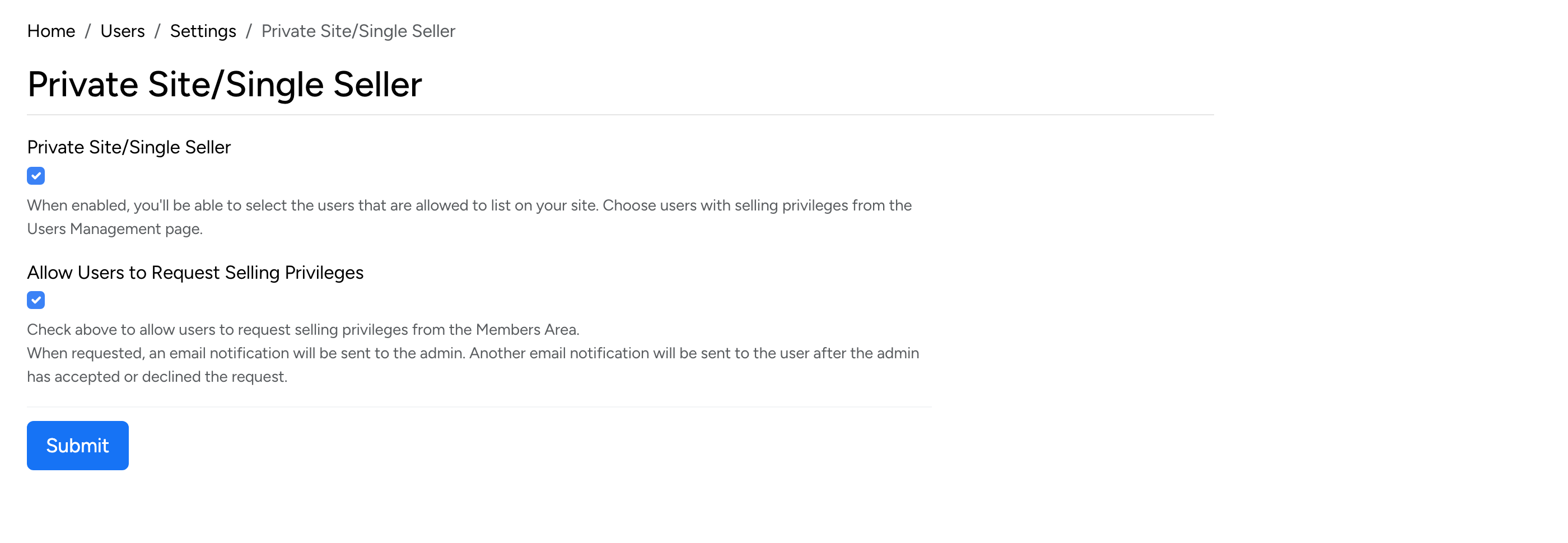 PHP Pro Bid admin &mdash; Private Site/Single Seller settings with enable toggle and allow users to request selling privileges