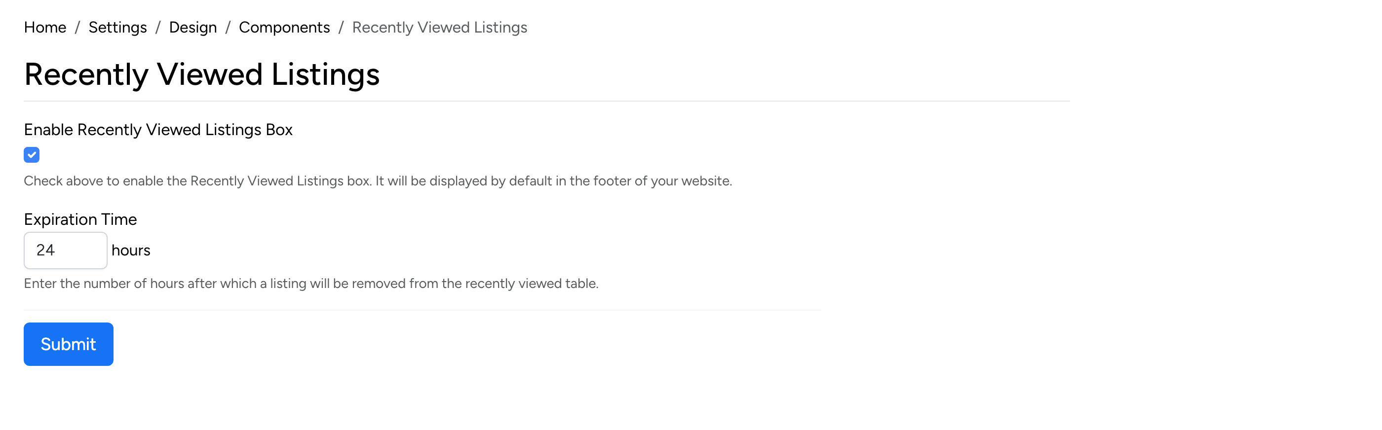 PHP Pro Bid admin — Recently Viewed Listings settings with Enable checkbox and Expiration Time field
