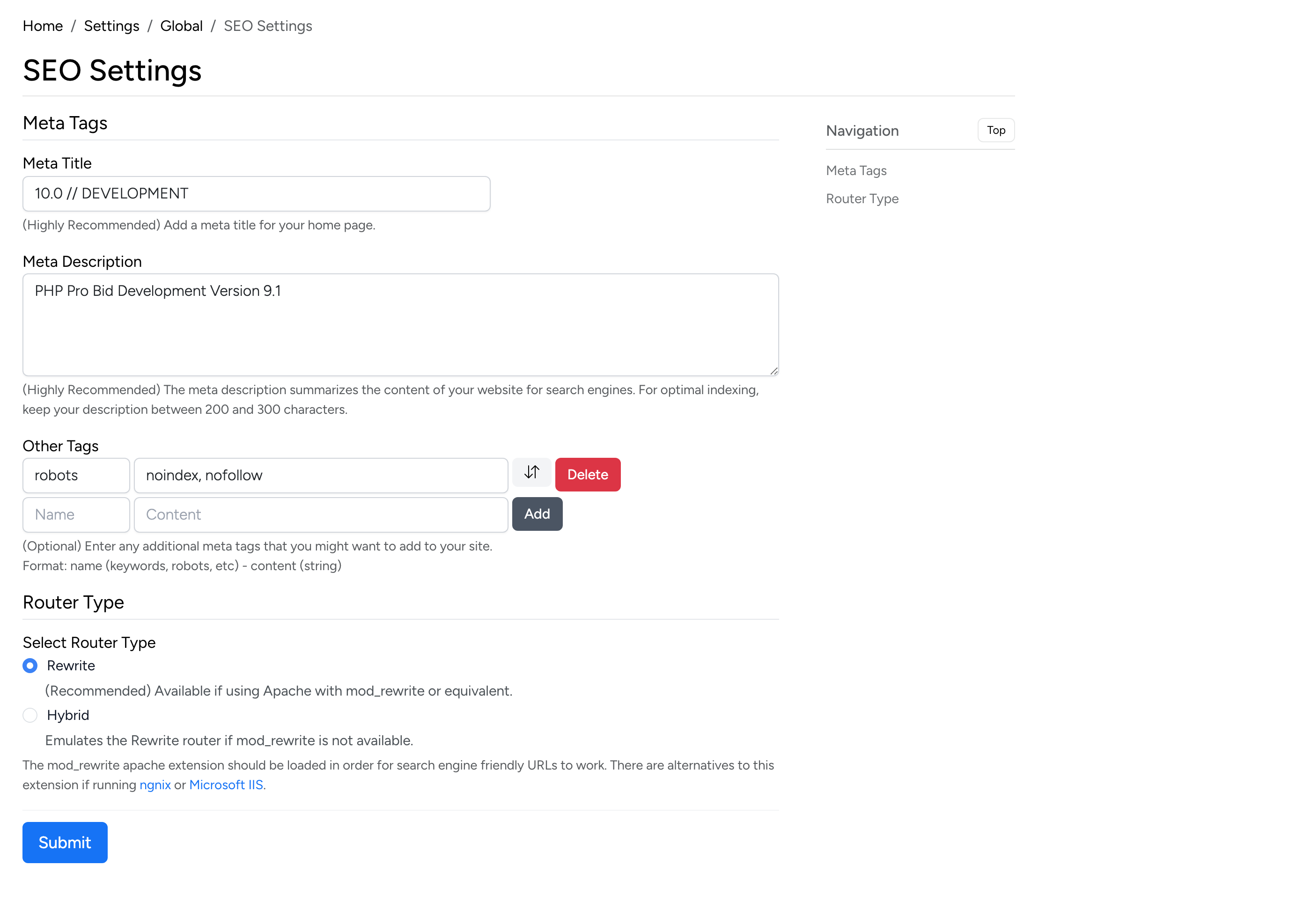 PHP Pro Bid admin — SEO Settings showing Meta Title, Meta Description, Other Tags, and Router Type