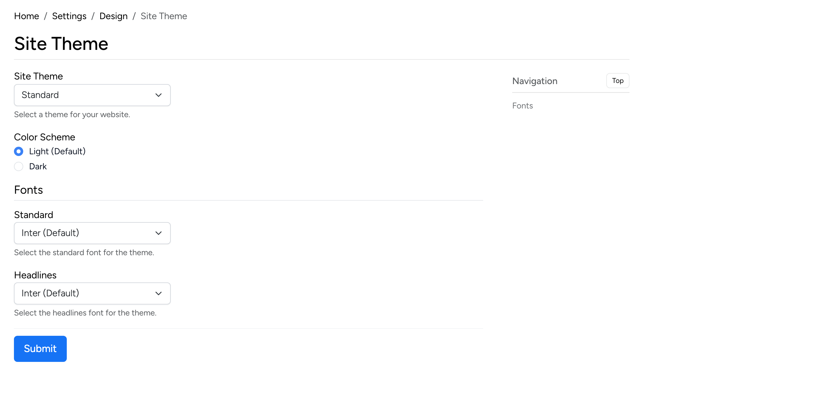 PHP Pro Bid admin — Site Theme settings with theme selector, color scheme (Light/Dark), and font selectors for Standard and Headlines
