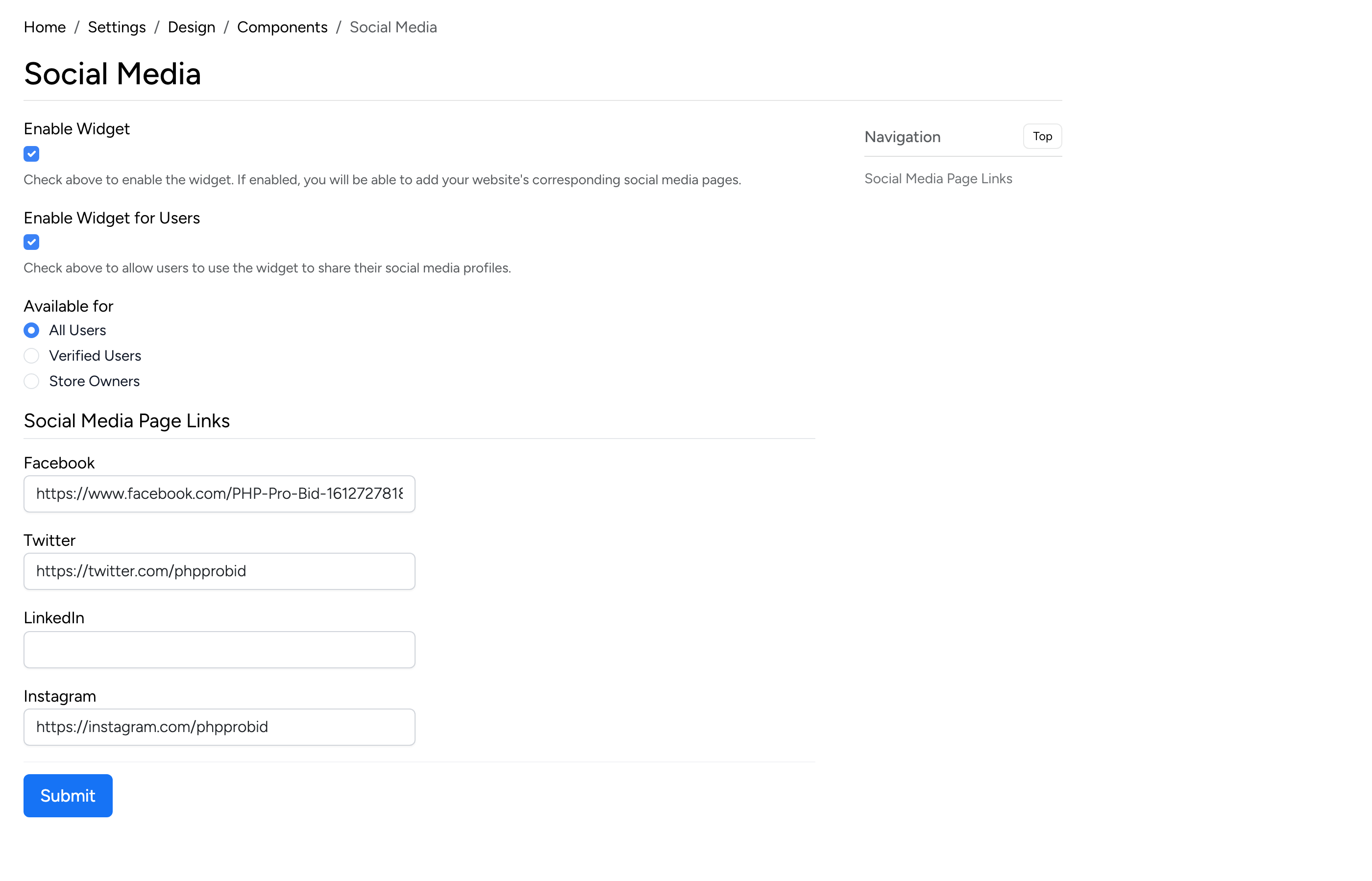 PHP Pro Bid admin — Social Media settings with enable toggle, user availability, and fields for Facebook, Twitter, LinkedIn, and Instagram