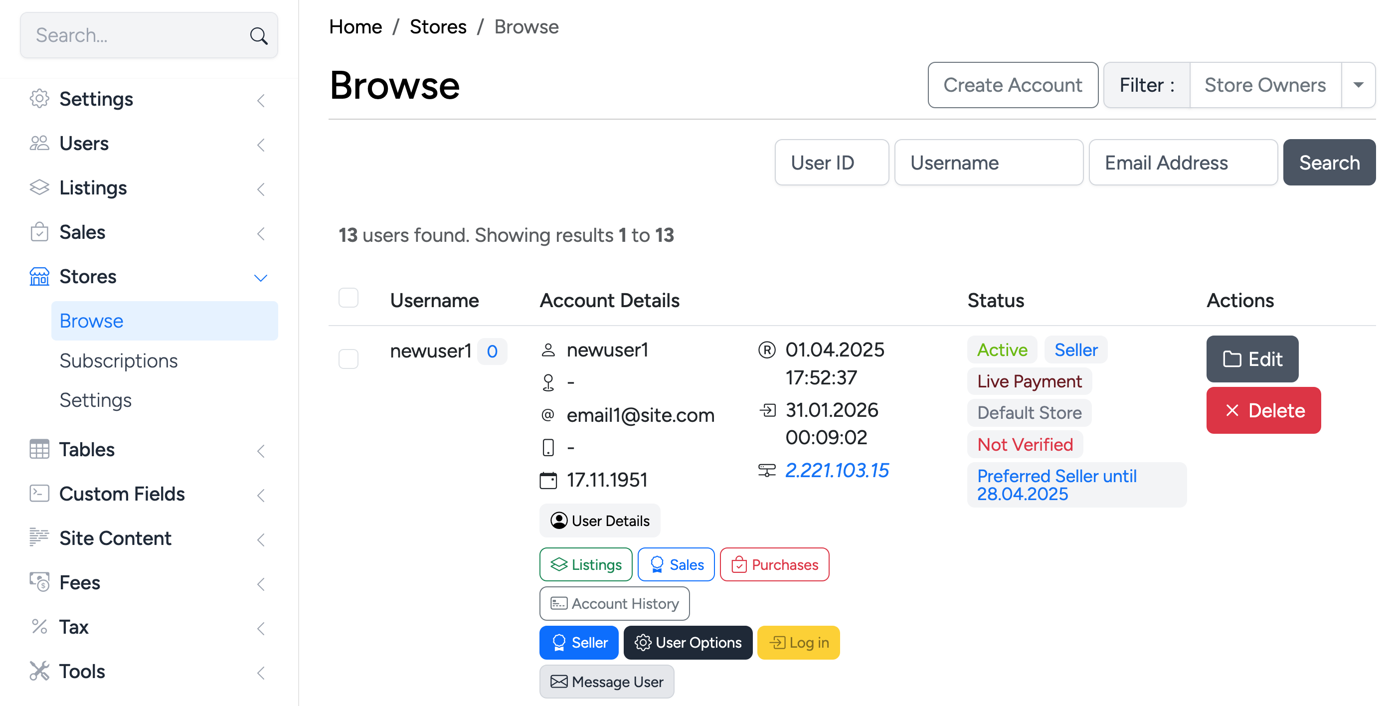 PHP Pro Bid — Admin Browse Stores page showing store owners with account details, status, and action buttons