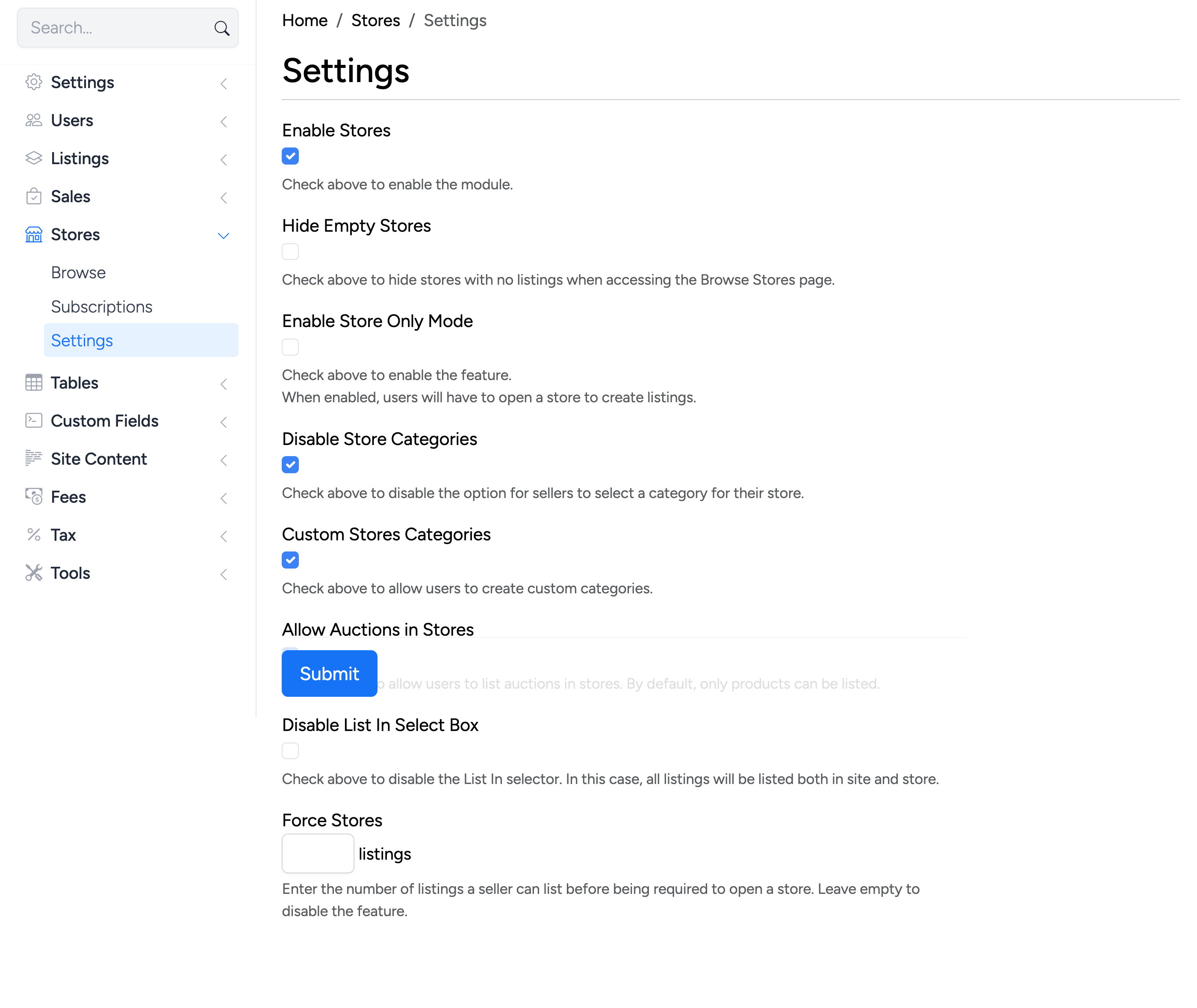 PHP Pro Bid — Admin Stores Settings page with Enable Stores, Hide Empty Stores, Store Only Mode, and other configuration options