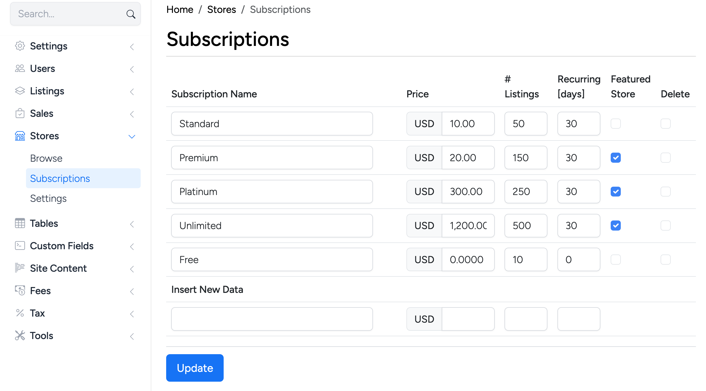 PHP Pro Bid — Admin Subscriptions page showing subscription plans with Name, Price, Listings, Recurring days, and Featured Store columns