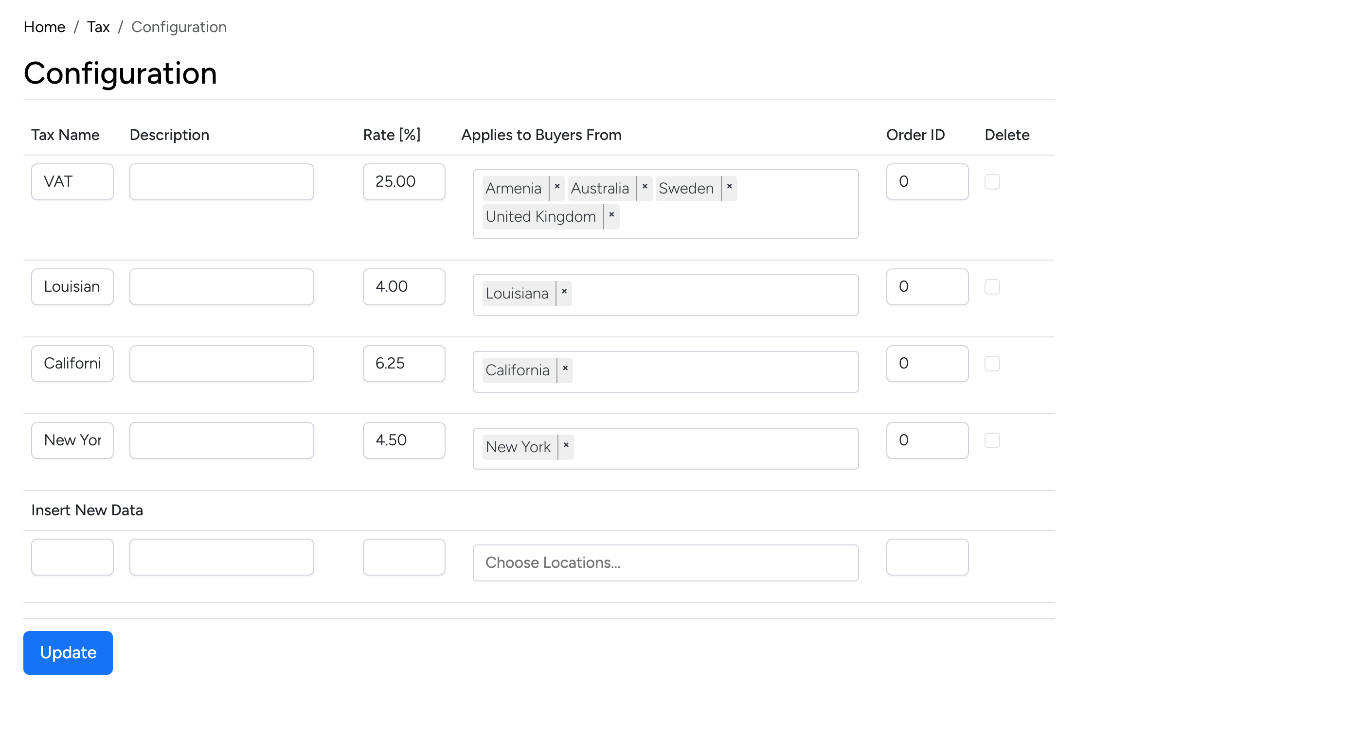 PHP Pro Bid admin — Tax Configuration table showing tax types (VAT, Louisiana, California, New York) with rates and buyer location restrictions