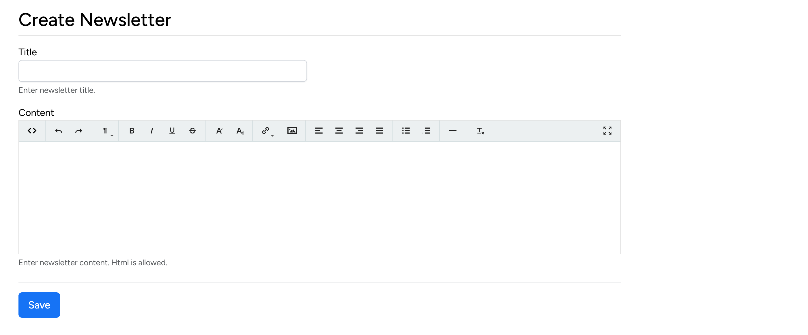 PHP Pro Bid admin — Create Newsletter form with title field, rich text HTML editor, and Save button