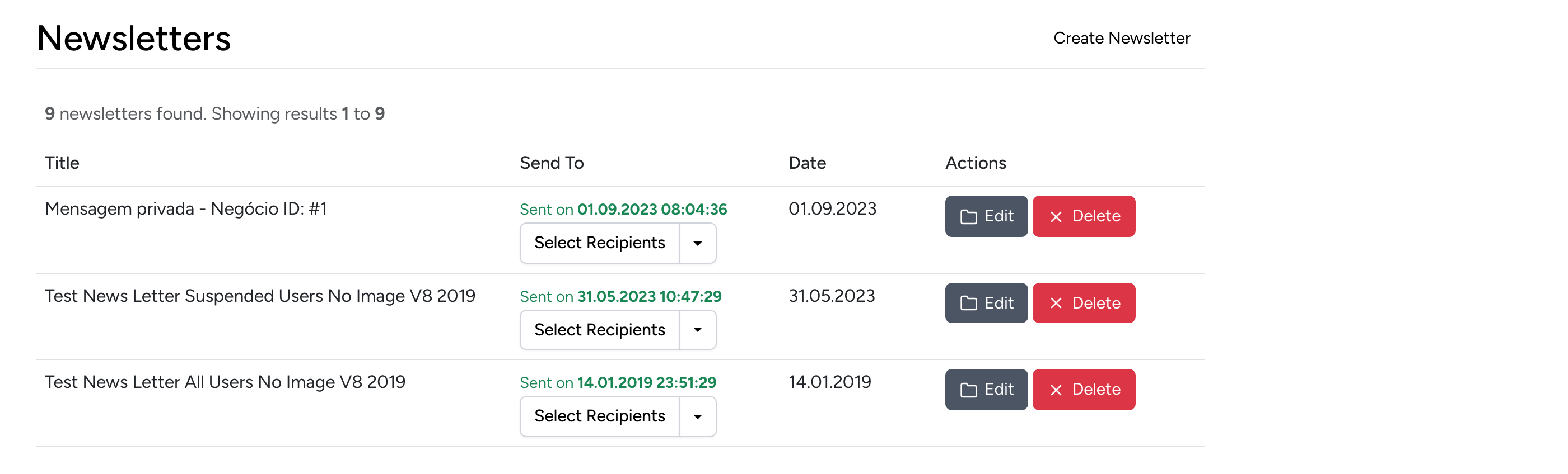 PHP Pro Bid admin — Newsletters list with title, send to recipients, date, and action buttons