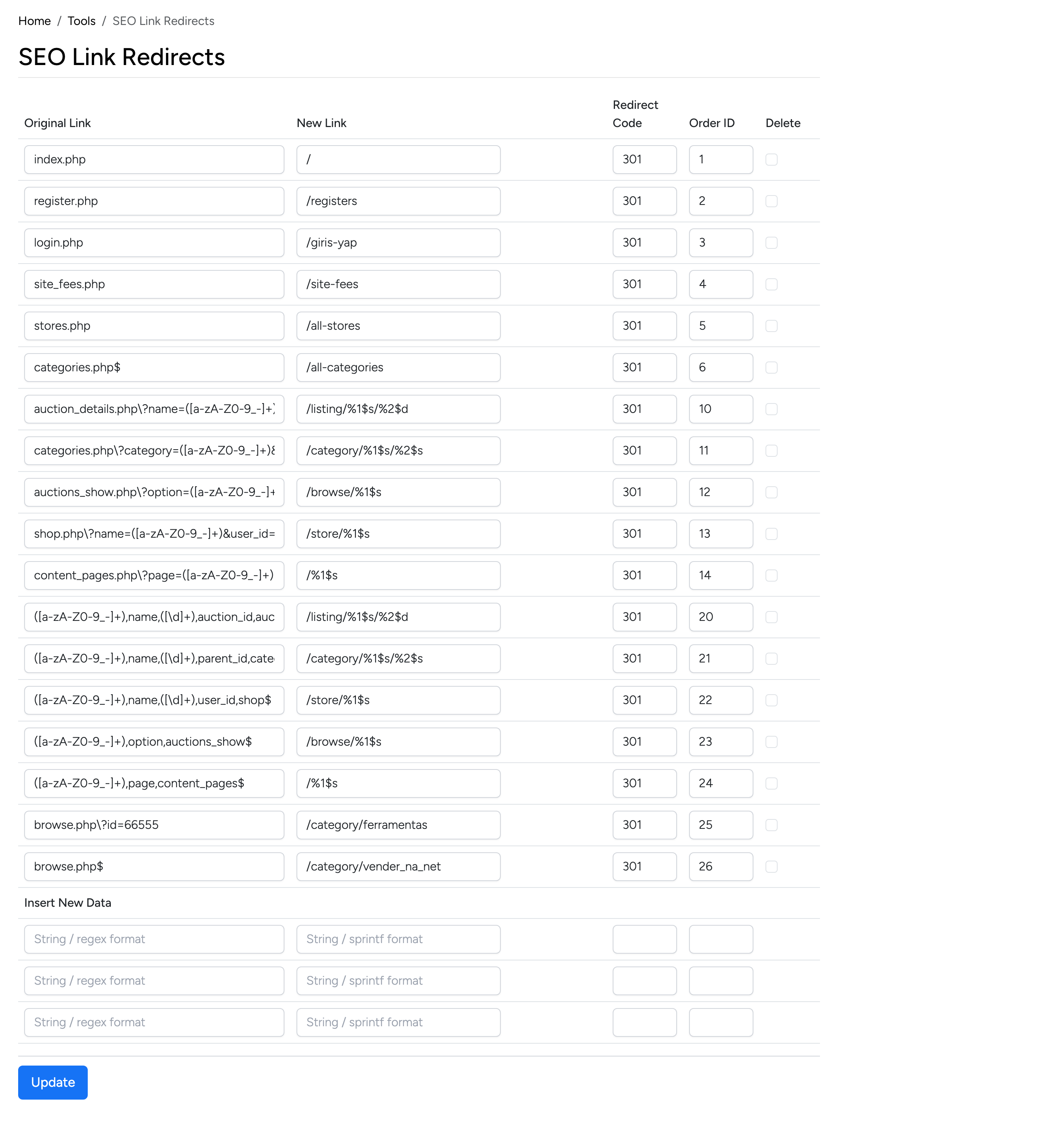PHP Pro Bid admin — SEO Link Redirects with original link, new link, redirect code, and order columns
