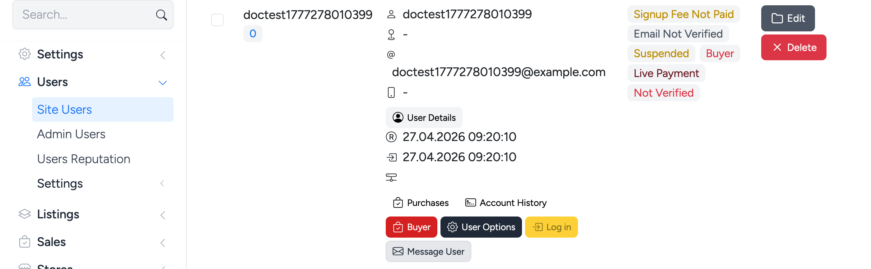 PHP Pro Bid admin — Site Users page showing a user record with payment mode set to Live Payment and Edit button
