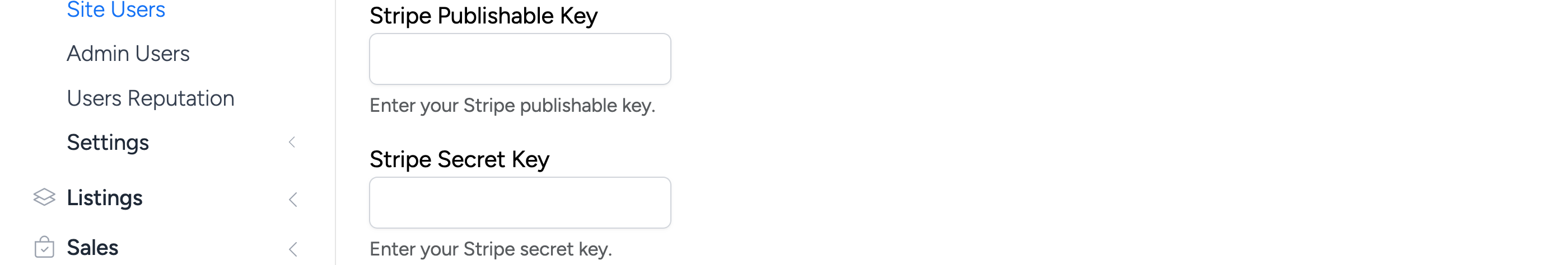 PHP Pro Bid admin — Edit Account page showing Stripe Publishable Key and Stripe Secret Key fields for a specific user