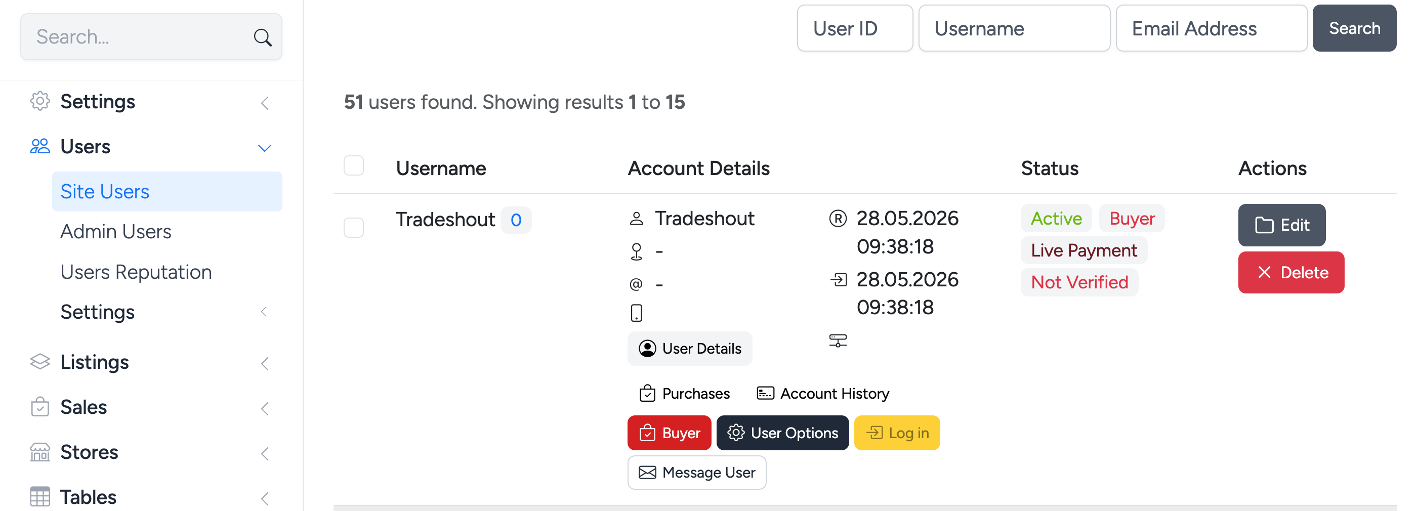 PHP Pro Bid admin &mdash; Site Users page with user details expanded, showing the Buyer button to convert to seller