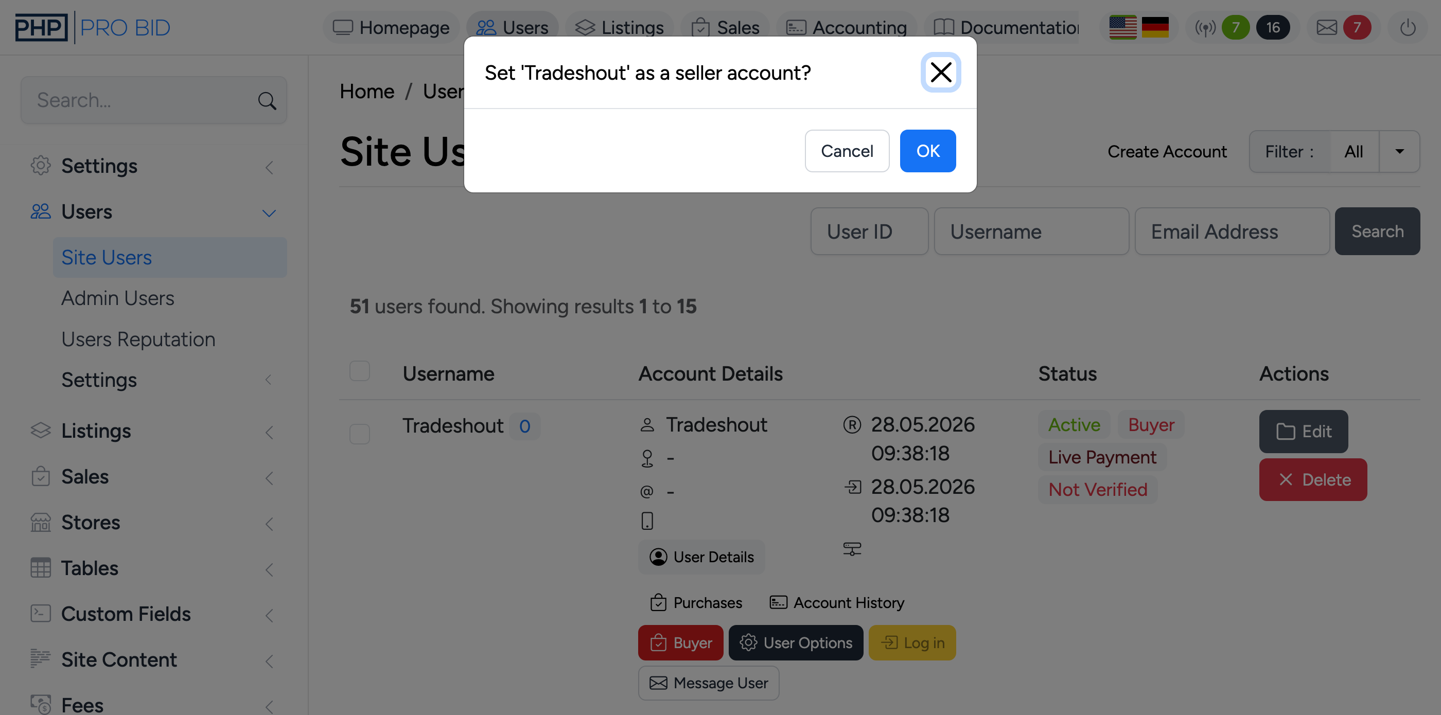 PHP Pro Bid admin &mdash; Confirmation dialog asking to set the user as a seller account