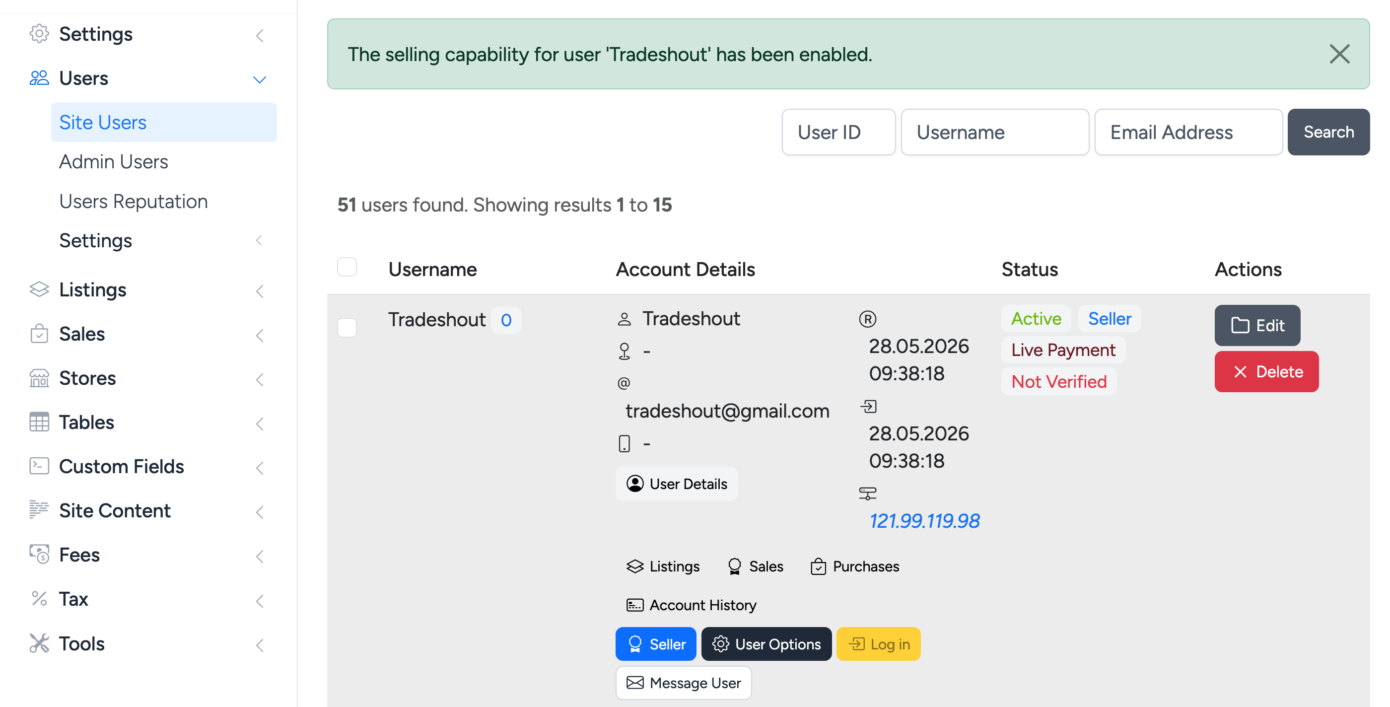 PHP Pro Bid admin &mdash; Success message confirming the selling capability has been enabled, user status now shows Seller