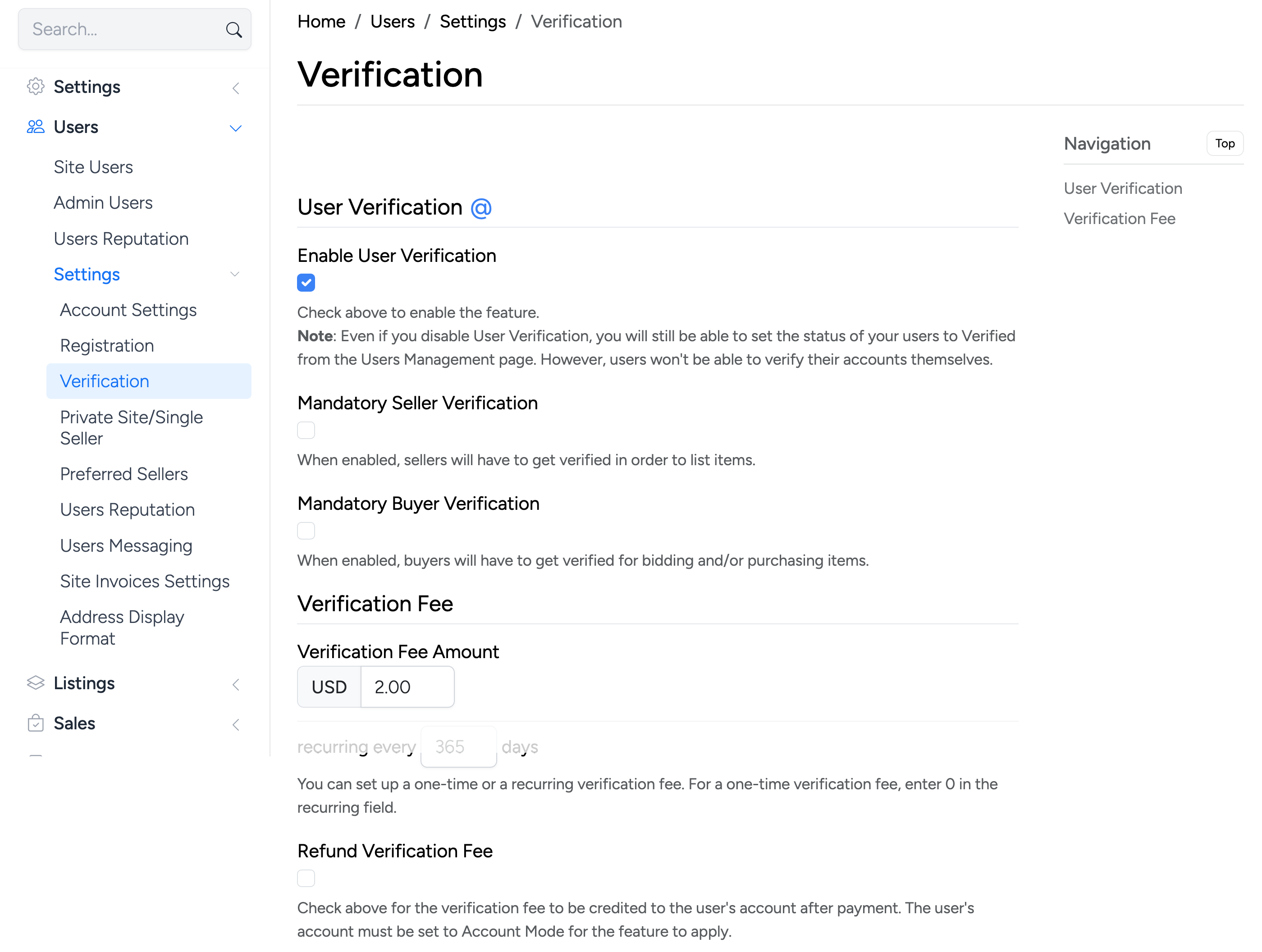 PHP Pro Bid admin — User Verification settings showing enable toggle, mandatory seller/buyer options, verification fee amount, recurring period, and refund option