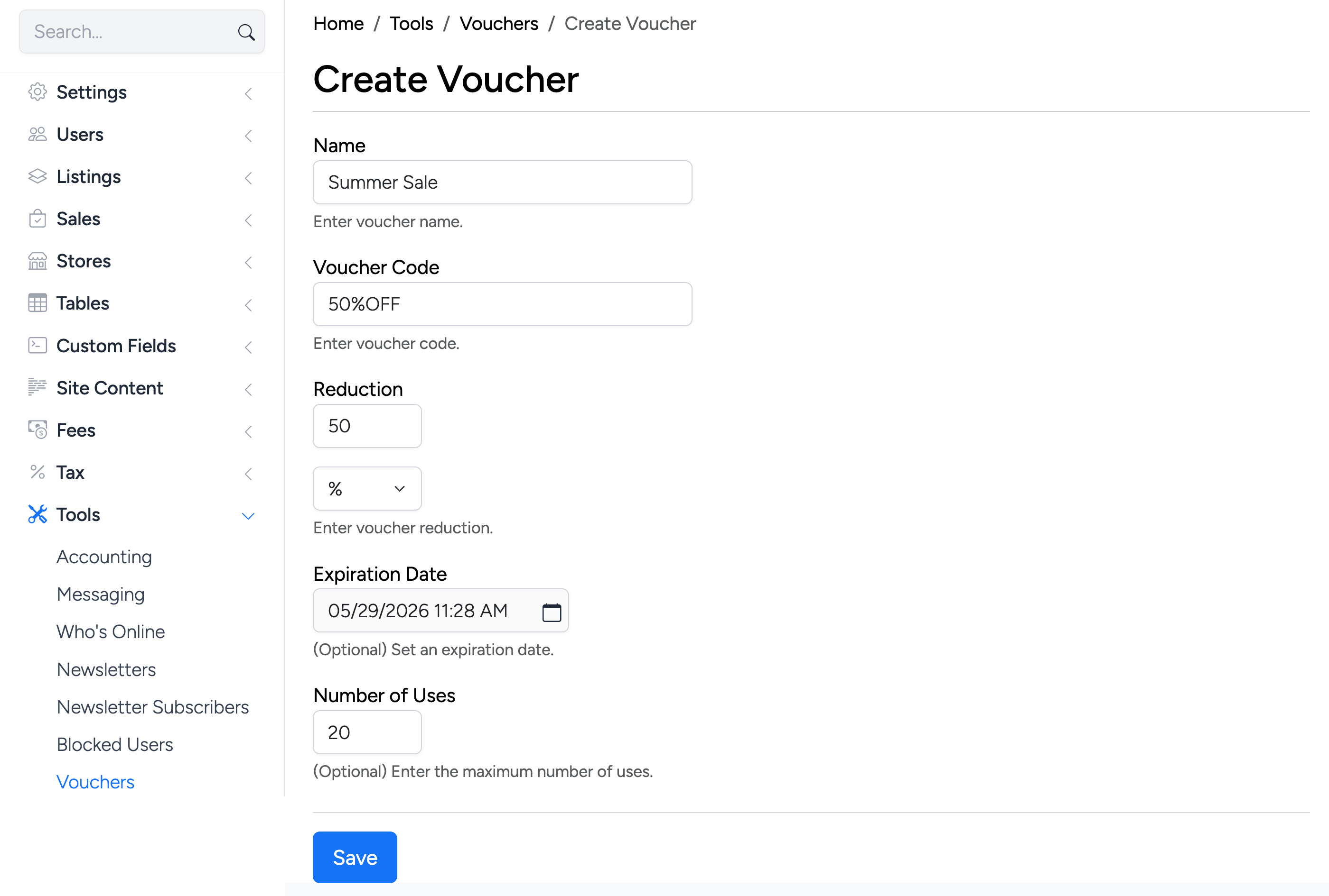 PHP Pro Bid — Admin Create Voucher form with Name, Voucher Code, Reduction, Expiration Date, and Number of Uses fields